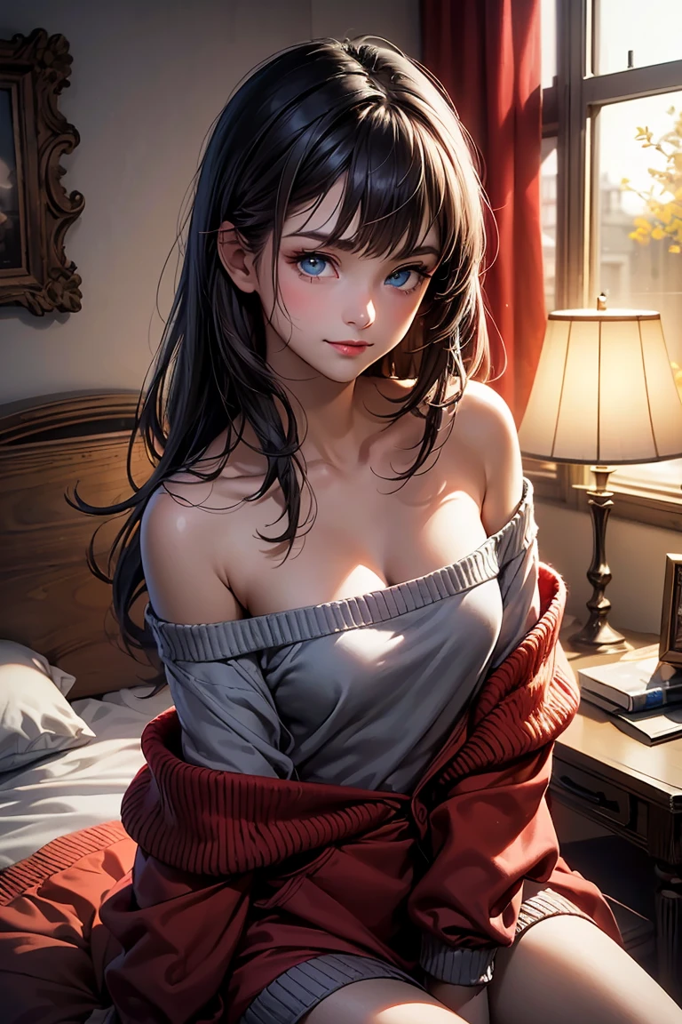 Masterpiece, best quality, high resolution, ultra detailed, slight smile, a woman long dark hair with bangs, light blue eyes, a beautiful girl looking at the camera, Frontal view, ((off-the-shoulder light red sweater,))  legs, night, warm interior room, image illuminated by a small lamp, depth of field, (half body: 0.6),