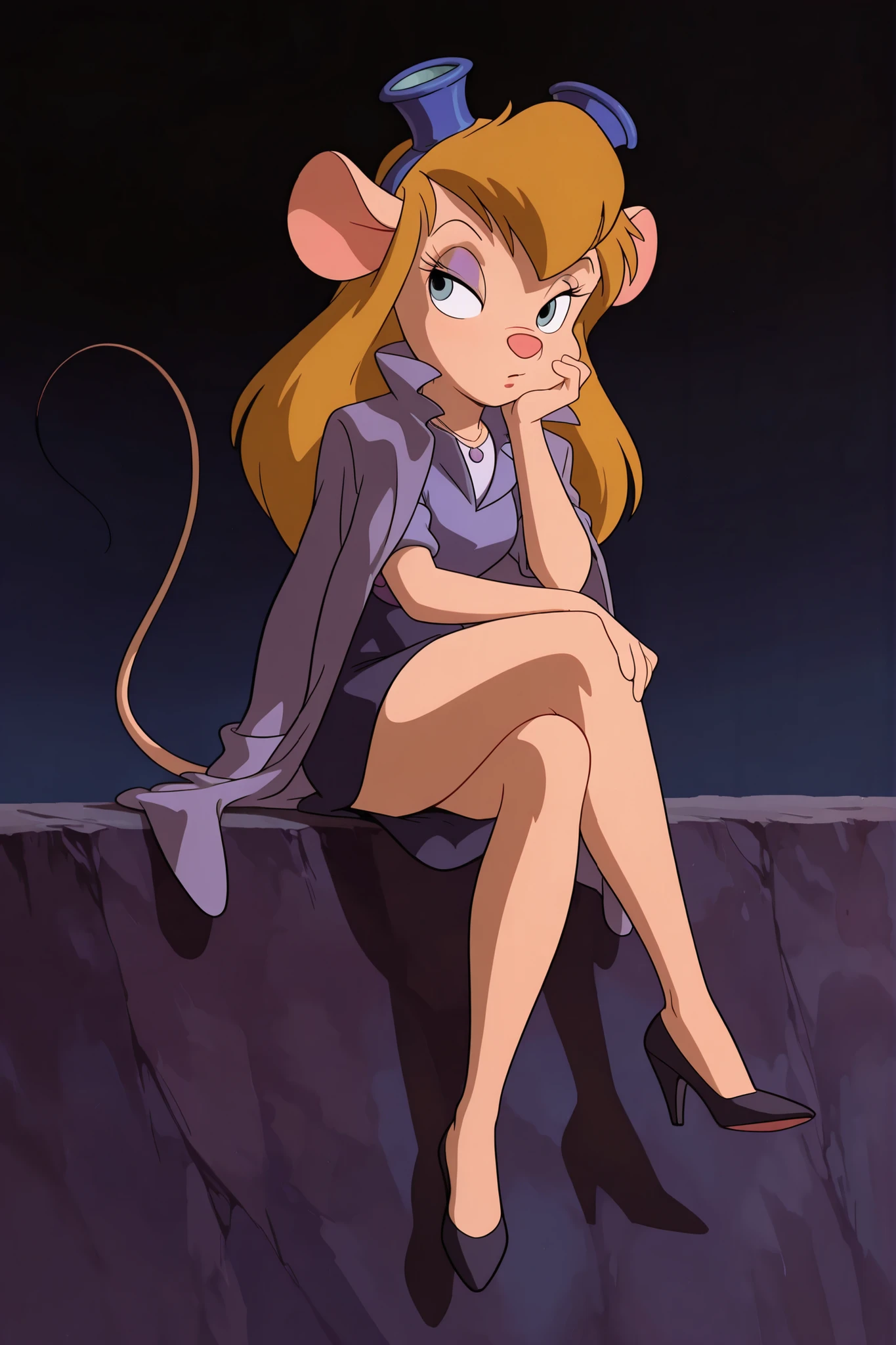 masterpiece, amazing quality, best quality, ultra-detailed, 8K, illustration, clear skin, ultra-detailed-eyes, soft skin, very awa, very as2, soft body, 1990s \(style\), official art, ga_ha, 1girl, blue eyes, long hair, animal ears, mouse, welder glasses on head, tail,  shirt,skirt,black hair,dress,holding,sitting,pantyhose,shoes,sleeveless,black skirt,black footwear,coat,high heels,looking to the side,sleeveless shirt,crossed legs,'red shirt),,head rest,jacket on shoulders,,hand on own chin,coat on shoulders,elbow rest,fashion,hand up,legs,bare legs BREAK jewelry,outdoors,earrings,necklace,hair over one eye,makeup,night,black background,cross,half-closed eyes,hair behind ear