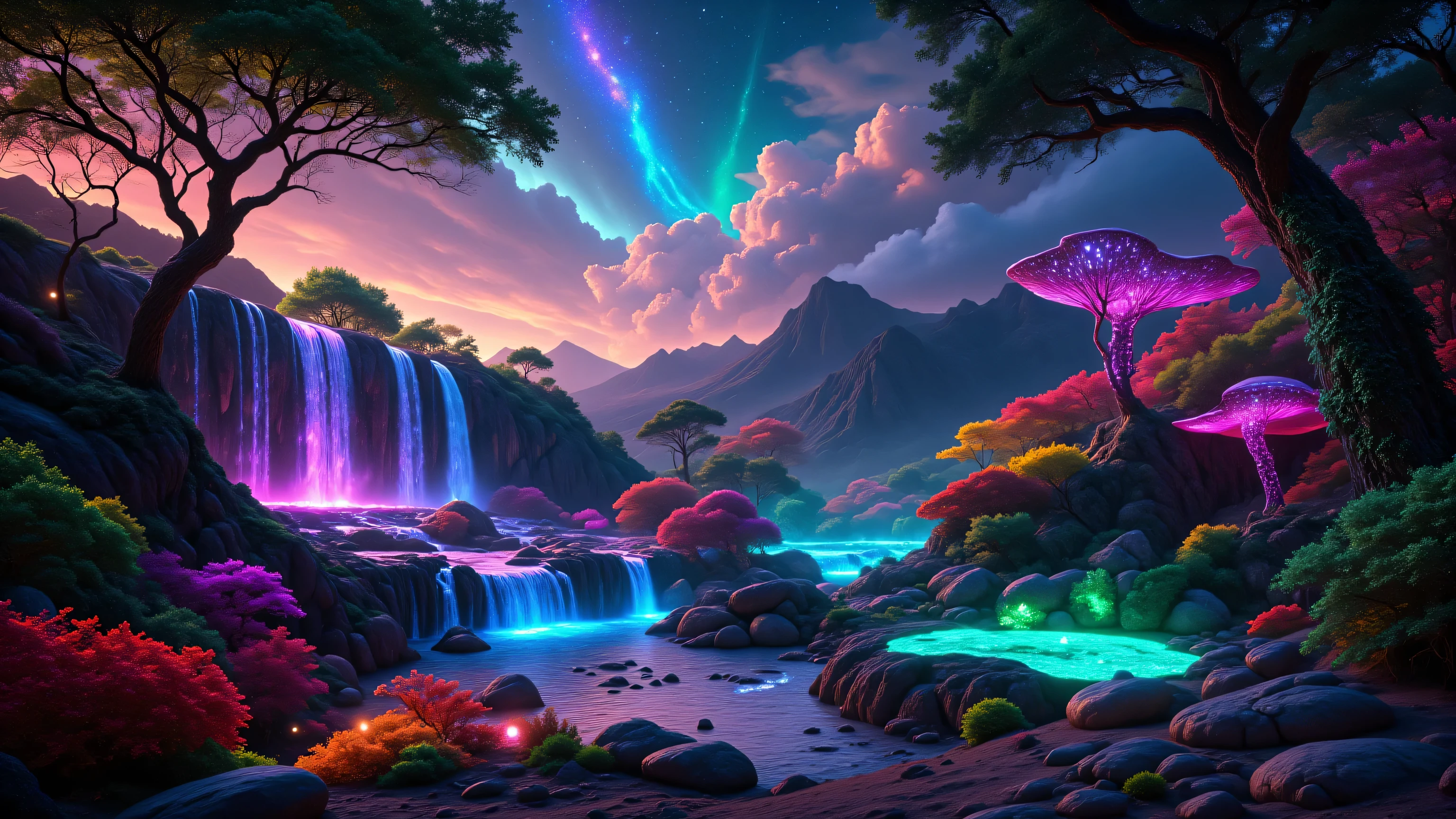 Create a hyper-realistic cinematic scene of a lush new planet filled with waterfalls, rivers, and towering flora, inspired by the Pandora aesthetic from Avatar.

Main Scene Elements:

Floating islands and cliffs with waterfalls pouring into glowing rivers below.

Bioluminescent plants, oversized mushrooms, and neon-colored vines wrapping around trees and rocks.

Terraced waterfalls cascading into crystalline pools, some glowing faintly.

Exotic mountains in the distance, partially shrouded in mist.

Ethereal creatures: glowing flying creatures or amphibious water spirits.

Dynamic Elements:

Mist rising from waterfalls reflecting soft neon glows.

Light beams piercing through thick jungle canopy.

Floating spores or pollen drifting, giving the scene a magical ambiance.

Style / Composition:

Wide cinematic panorama, immersive and fantastical.

Palette: vibrant blues, purples, teals, neon greens, glowing highlights.

Ultra-detailed textures for water, vegetation, and floating rocks.

Atmosphere: mystical, magical, immersive, dreamlike.

Output:

8K resolution, panoramic wallpaper-style, fully immersive, in Avatar / Pandora style.
@batamb