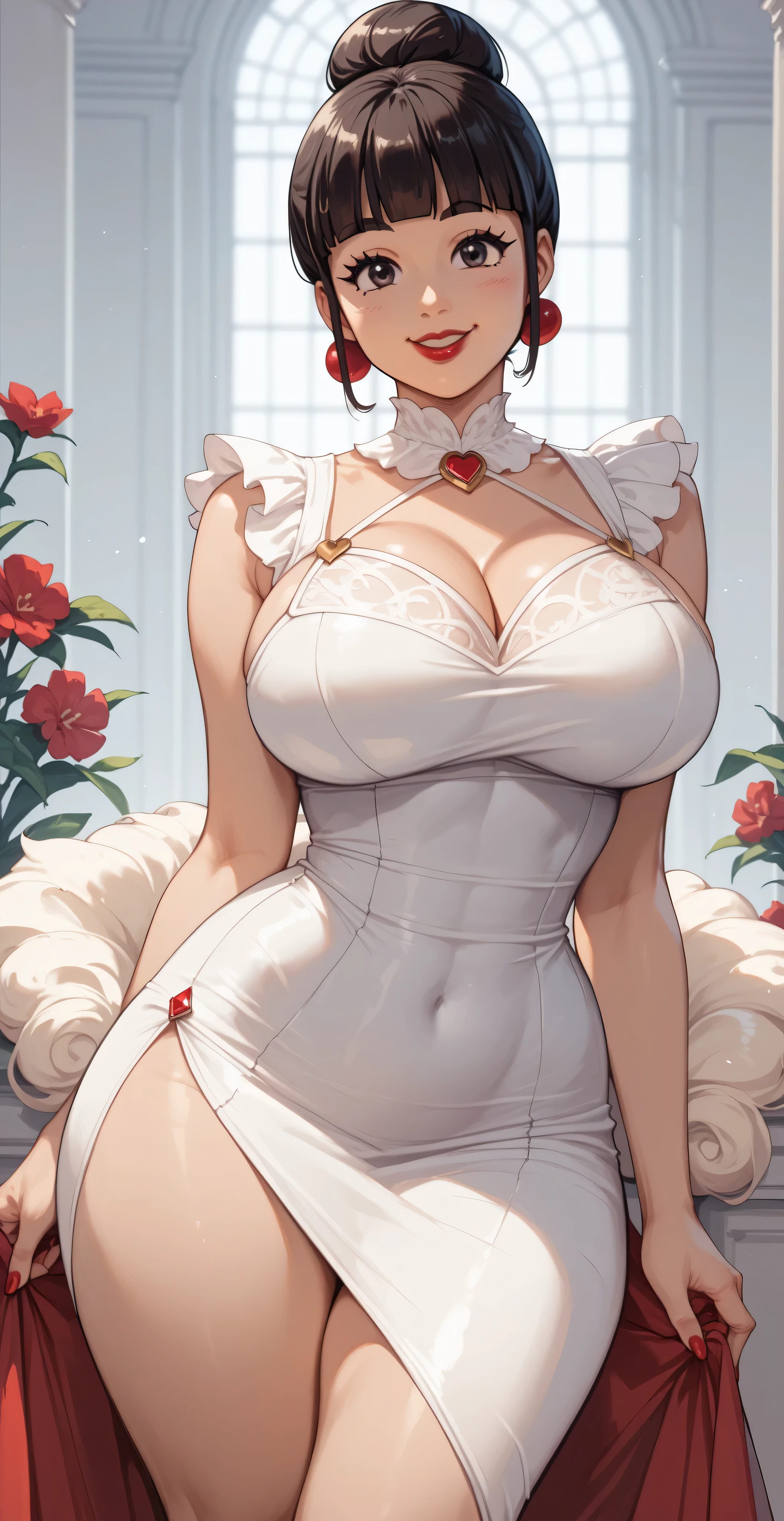 1girl, (((Chichi.))) (((piel clara))) hair, black eyes, hair atado, red lipstick. huge breasts. wide hip. thighs and wide legs. sexy pose, charismatic, smile. (((alone))) Wear a Shalltear Bloodfallen cosplay dress. tight