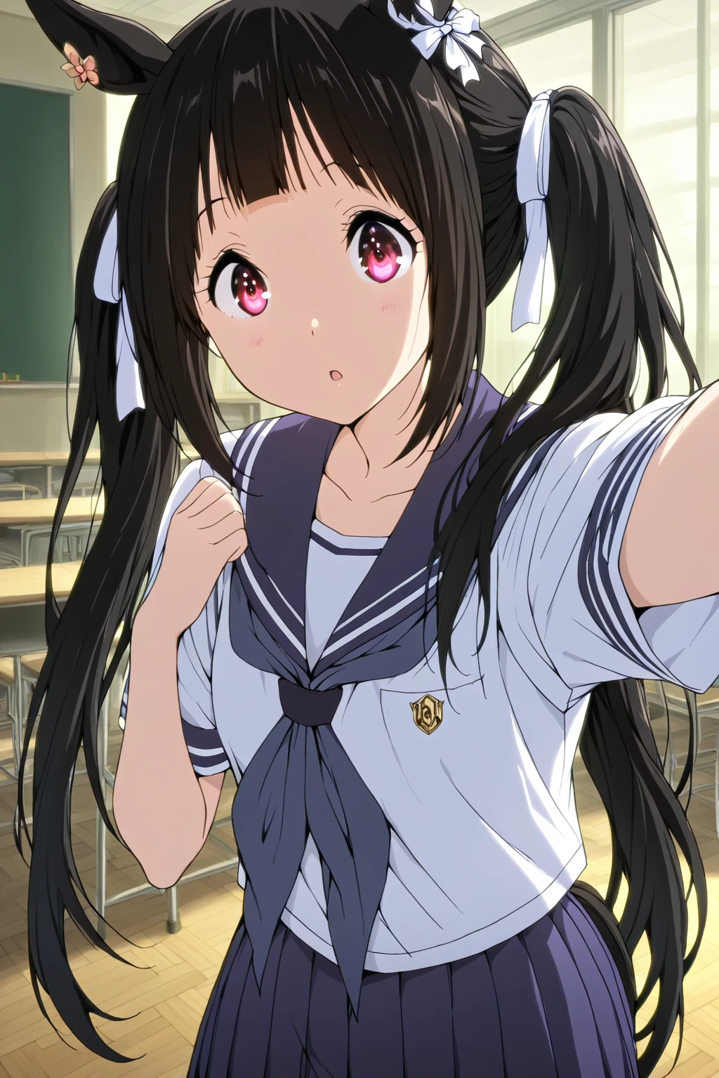 Anime girl sitting on a bench with a bow tie - SeaArt AI