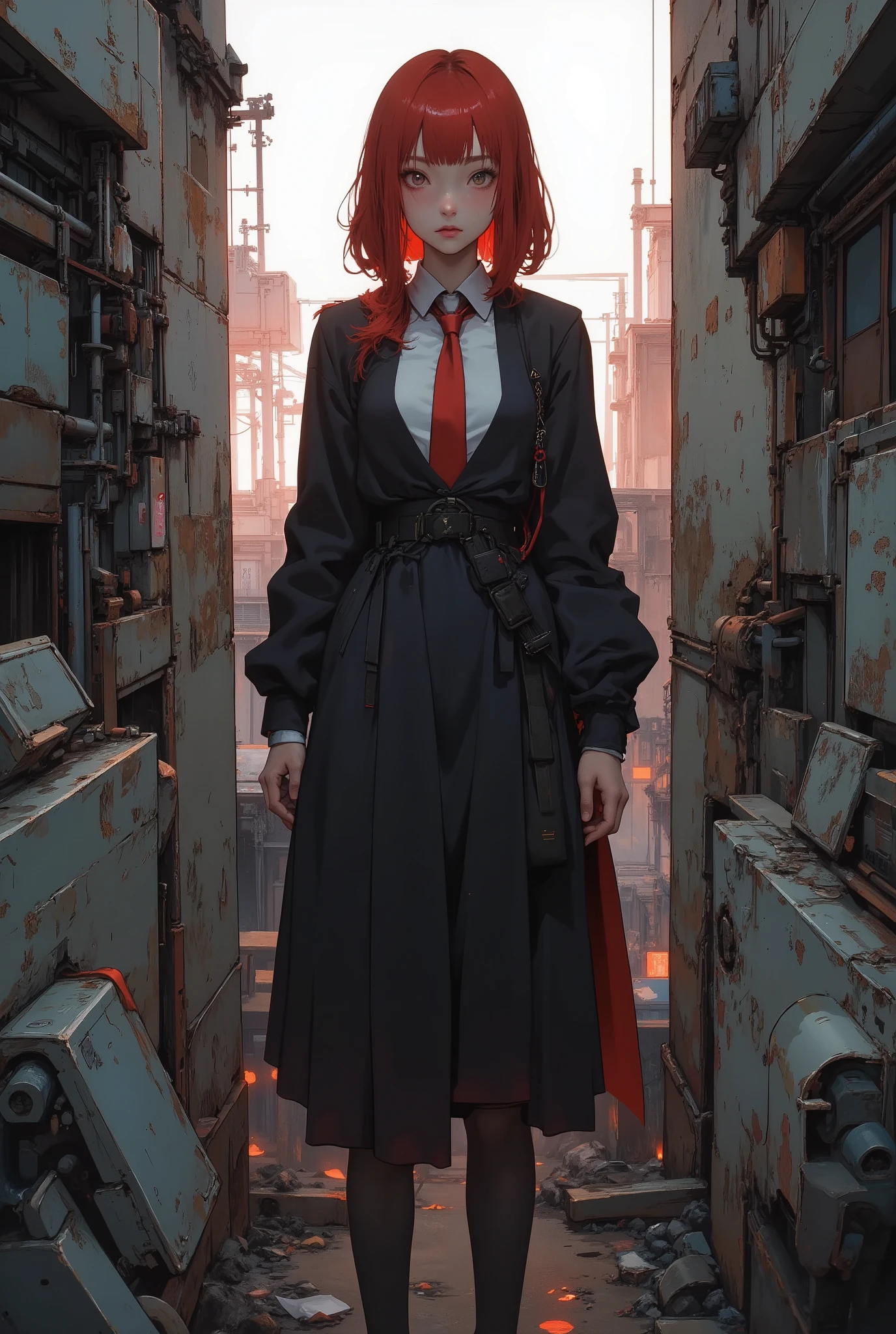 one girl showing her chest、Japanese high school girl、Red Shorthairs、uniform、Simple Glowing Background :1.2),8k,Fine Glow,Main,realistic,vivid,natural soft light,The magic witch Simple Glowing Background ,anime style,Full Body、Part of a mecha body、Ruins of an abandoned factory