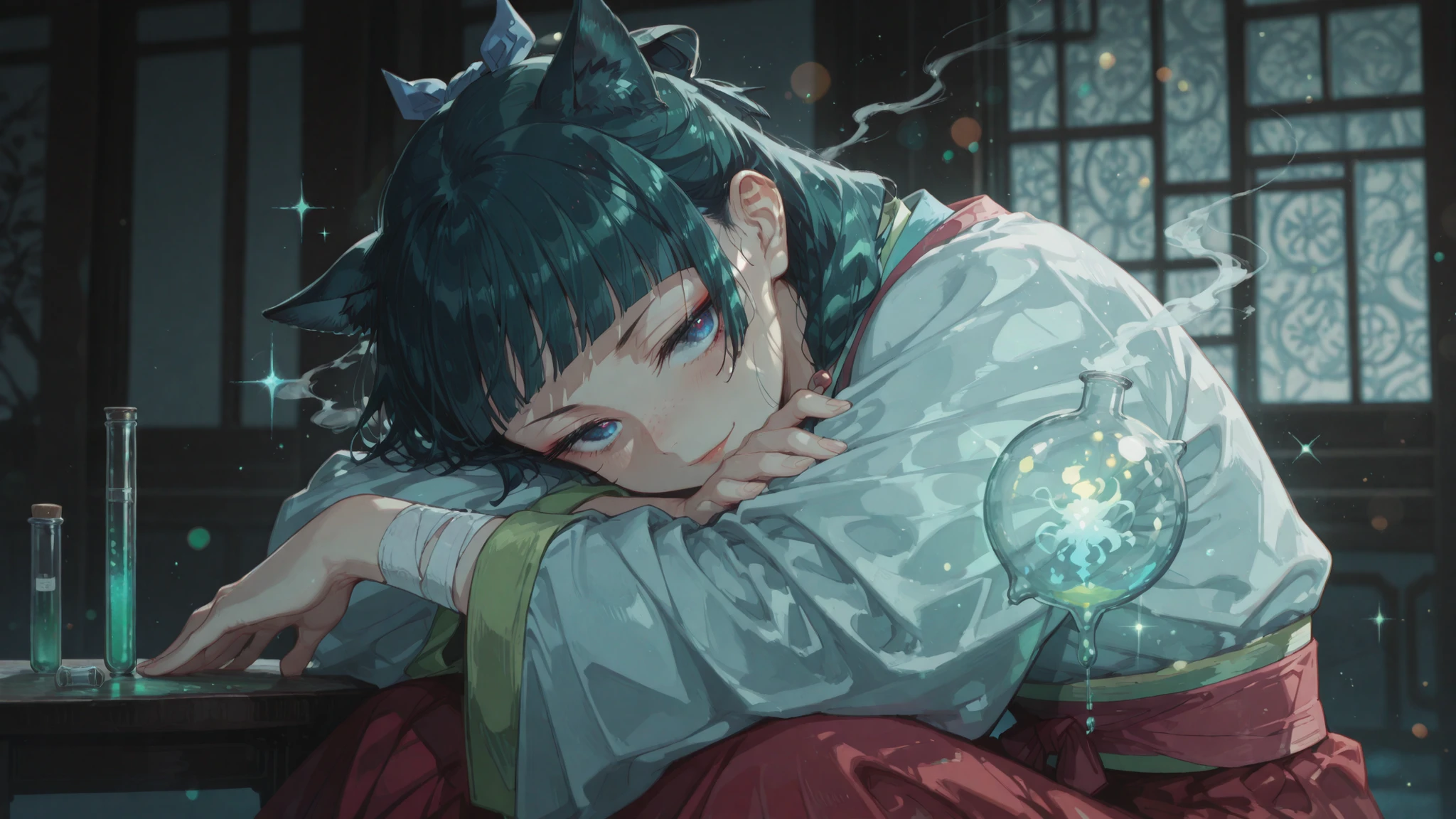 masterpiece, best quality, newest, highres, absurdres, 1girl, solo, maomao \(kusuriya no hitorigoto\), upper body,
animal ear fluff, animal ears, blue hair bow, multi-tied hair, hair beads, green hair, sidelocks, v-shaped eyebrows, blue eyes, blunt bangs, cat ears, freckles, blush, glossy lips, shiny skin, smirk,
BREAK
aoqun, hanfu, long sleeves, wide sleeves, red skirt,
holding a test tube with glowing iridescent liqid, head down, upturned eyes, looking at viewer, bandaged one arm\(left arm\),
floating chemical structure in air, chemistry background, sparkle, bokeh, depth of field, blurry background,
ligne claire, (by morisawa haruyuki:0.9, by demizu posuka:0.7)
