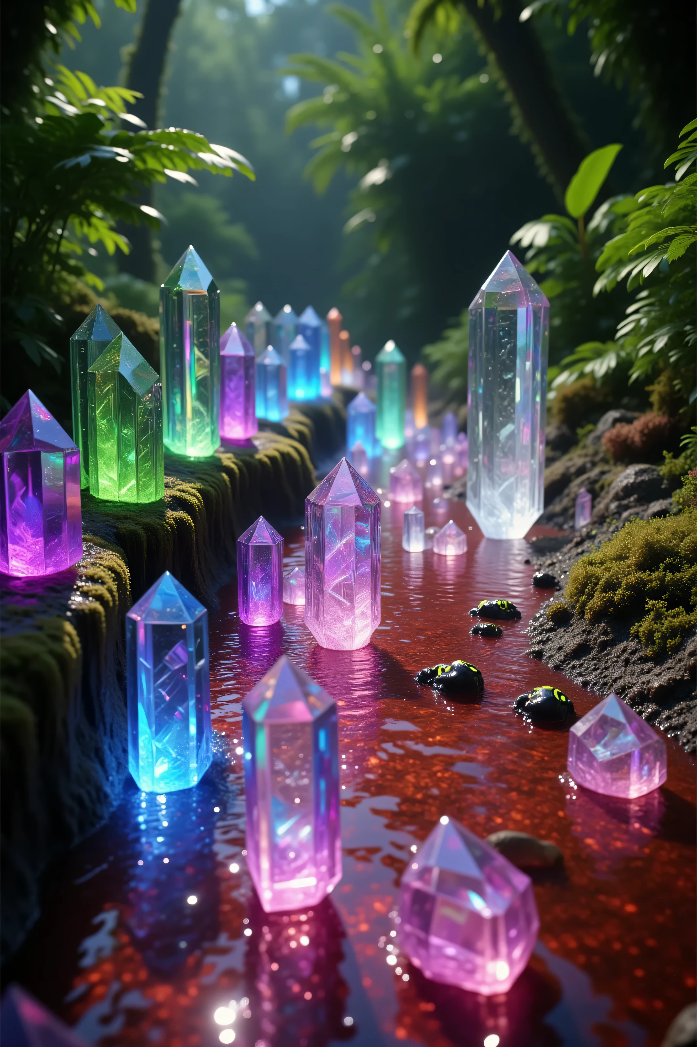 Translucent quartz crystals stick up out of the ground lining a stream's curved edges, with a lush jungle beyond the edges of the crystal stream. The partially see-through crystals are each a different color including dark blue, light blue, purple, green, pink, and clear. The stream itself is a thick blood-red color. There are small tropical frogs near the bank of the stream that are black with patches of neon yellow.  Full sunlight brings out the glow of the translucent six-sided quartz crystals. Breathtakingly beautiful, ultra-realistic, photo-realistic, cinematic photography, cinematography, hyper-realism, ultra-detailed, UHD, high-res, 3D rendered realism, physically based rendering, 8k, full focus, masterpiece.