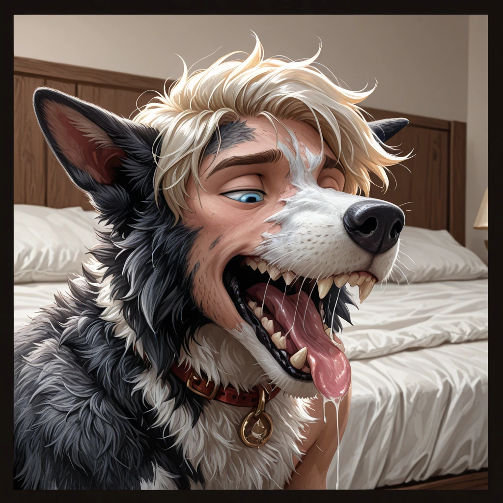 art by tsukune minaga, by DimWitDog, by kenket, by totesfleisch8, (by thebigslick, by silverfox5213:0.8), (by syuro:0.2), Realistic, (Top quality, highly detailed, Ultra HD, 16k:1.5), (Border Collie, Animal physique, vulgarity, , Leaning forward open arms for viewer:1.3), looking down, Tongue out, Fangs, Saliva, heavy breathing, , claws, ( , dripping , make  :1.3), ( with a human man,  , , Deep  insertion:1.3), (Viewer = Human, Detailed veiny ),

living room, Detailed Background