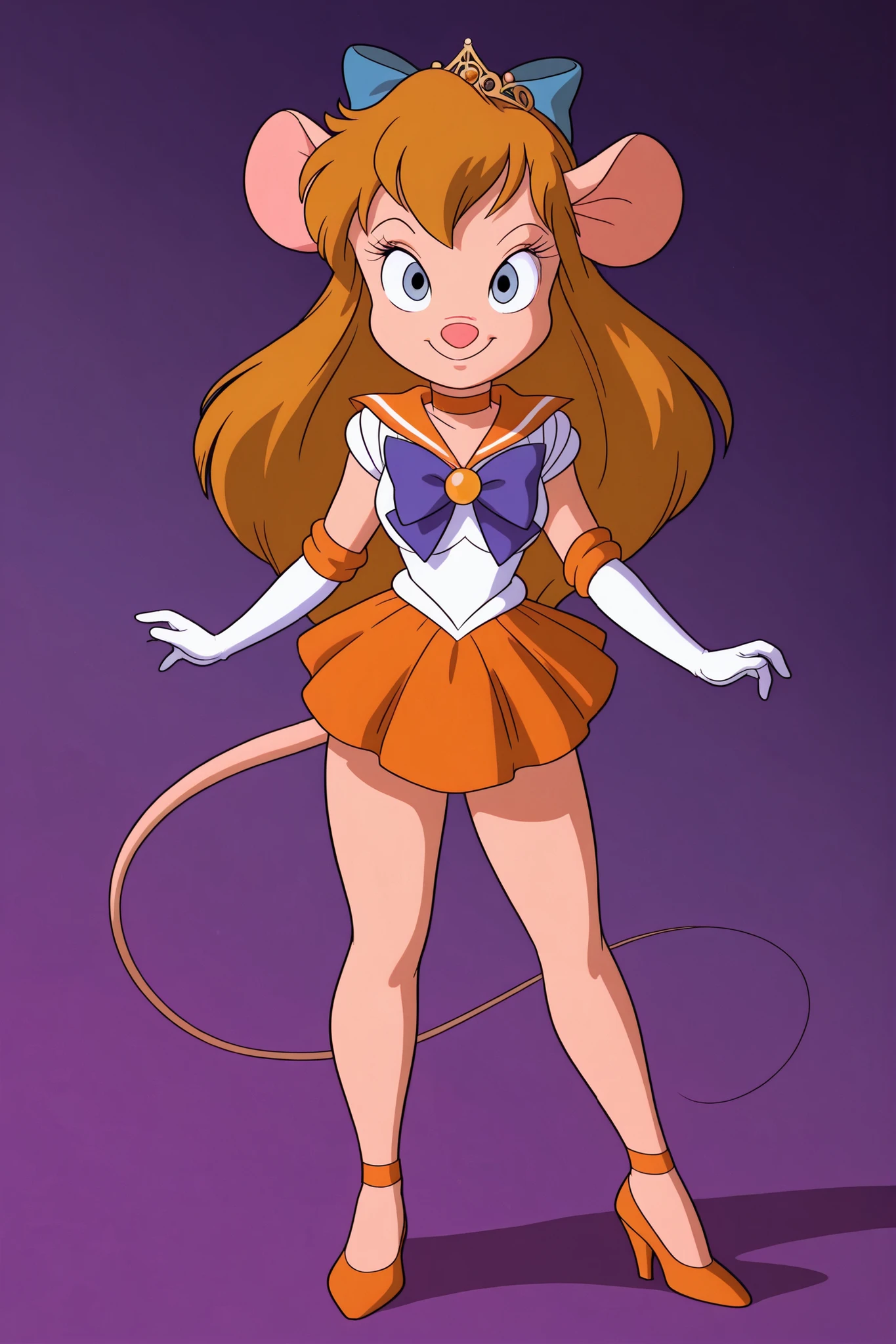 masterpiece, amazing quality, best quality, ultra-detailed, 8K, illustration, clear skin, ultra-detailed-eyes, soft skin, very awa, very as2, soft body, 1990s \(style\), official art, ga_ha, 1girl, blue eyes, long hair, animal ears, mouse, tail, hair bow, tiara, earrings, orange choker, orange sailor collar, blue bow, white shirt, elbow gloves, white gloves, pleated skirt, orange skirt, bare legs, orange heels, sailor senshi uniform, smile, simple background, looking at viewer