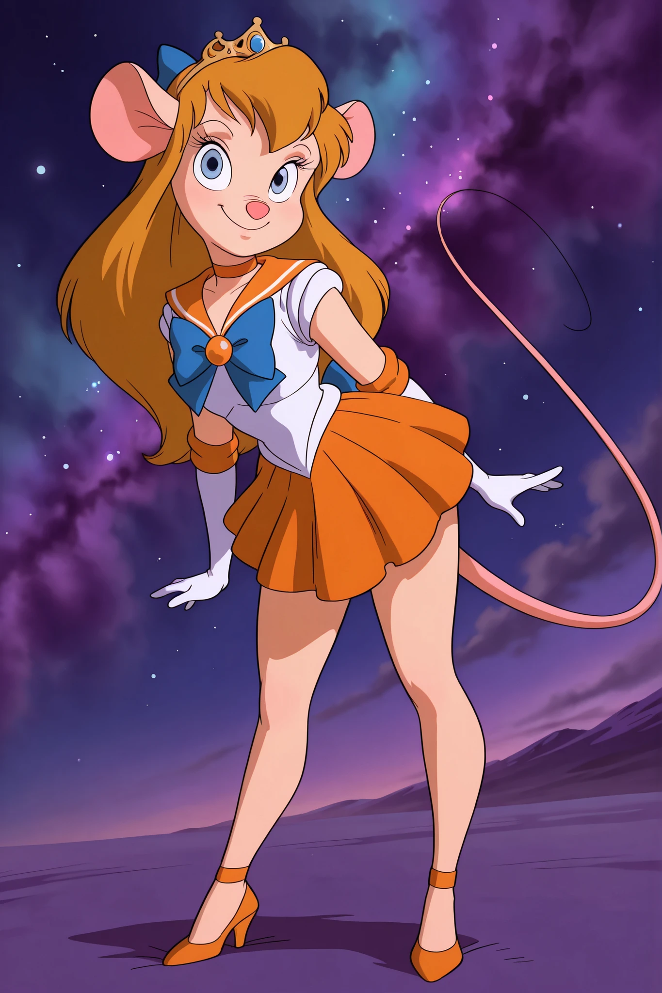 masterpiece, amazing quality, best quality, ultra-detailed, 8K, illustration, clear skin, ultra-detailed-eyes, soft skin, very awa, very as2, soft body, 1990s \(style\), official art, ga_ha, 1girl, blue eyes, long hair, animal ears, mouse, tail, hair bow, tiara, earrings, orange choker, orange sailor collar, blue bow, white shirt, elbow gloves, white gloves, pleated skirt, orange skirt, bare legs, orange heels, sailor senshi uniform, smile, nebula background, looking at viewer