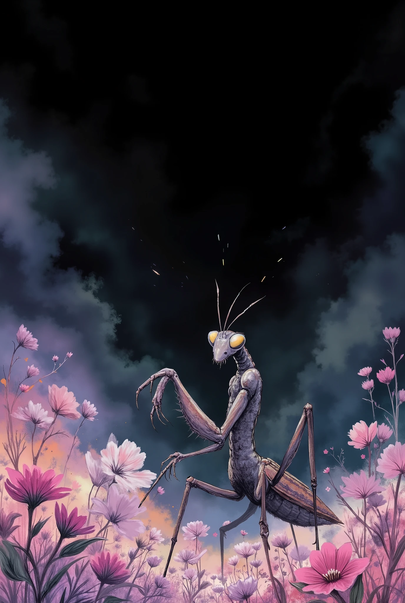 Dark Wallpaper, mantis in bottom half, upper half black plain, pastel colors, realistic mantis