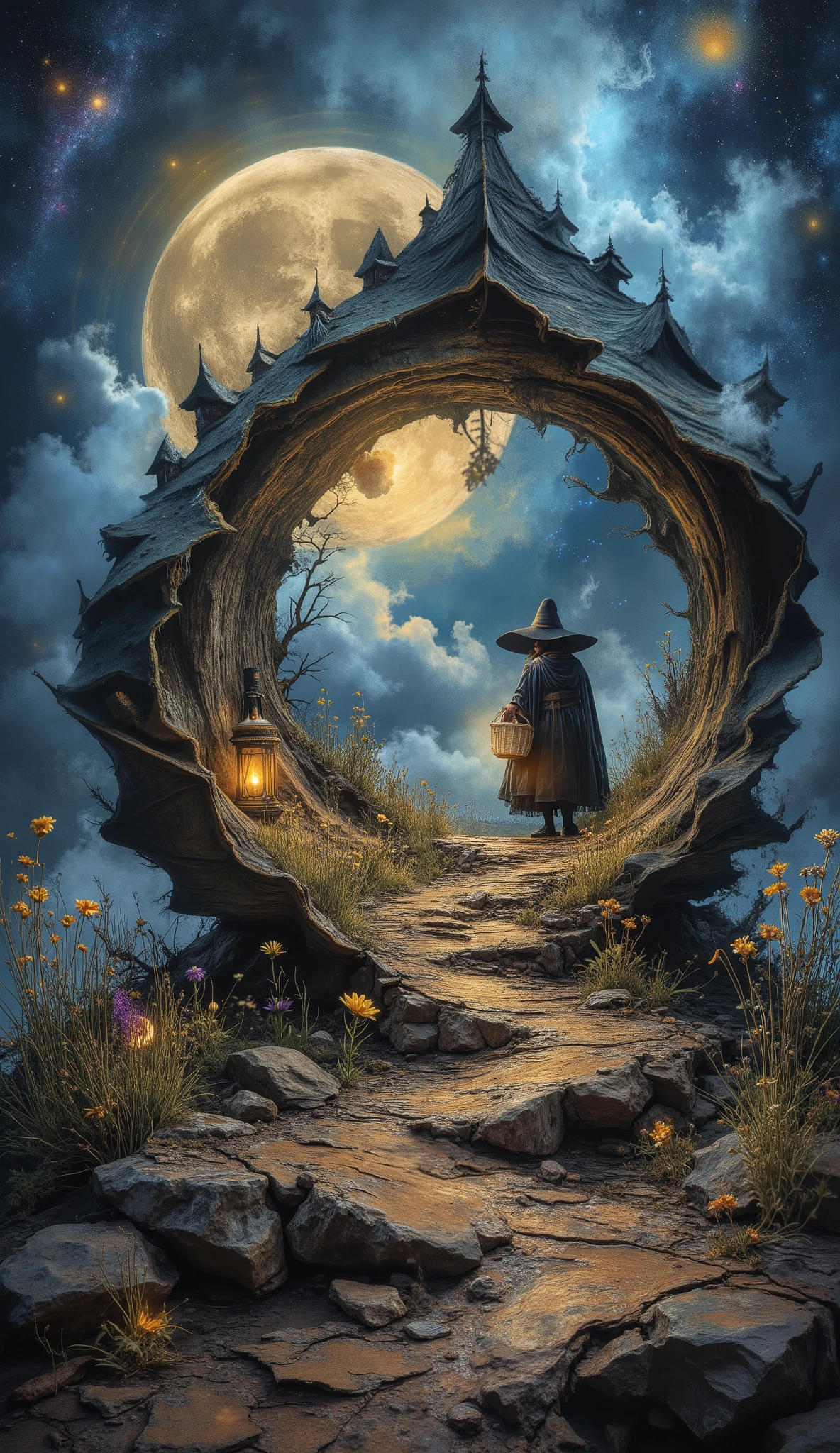 double exposure, microcosm , microphotography , side view
inside a twisted multi-layered leaf , lying on the ground hologram portal: fantasy fairy tale with the Moon on the cape inside a leaf/ Lanterns/ garden and wildflowers/, a witch with a basket in a hat in the clouds comes out of the leaf along the trail/
a multi-layered and multi-level, замысловатый microcosm, with cracks and portals from the purple-blue galaxy,  acid yellow spots ,dark world, fractal rainbow smoke, fantasy art