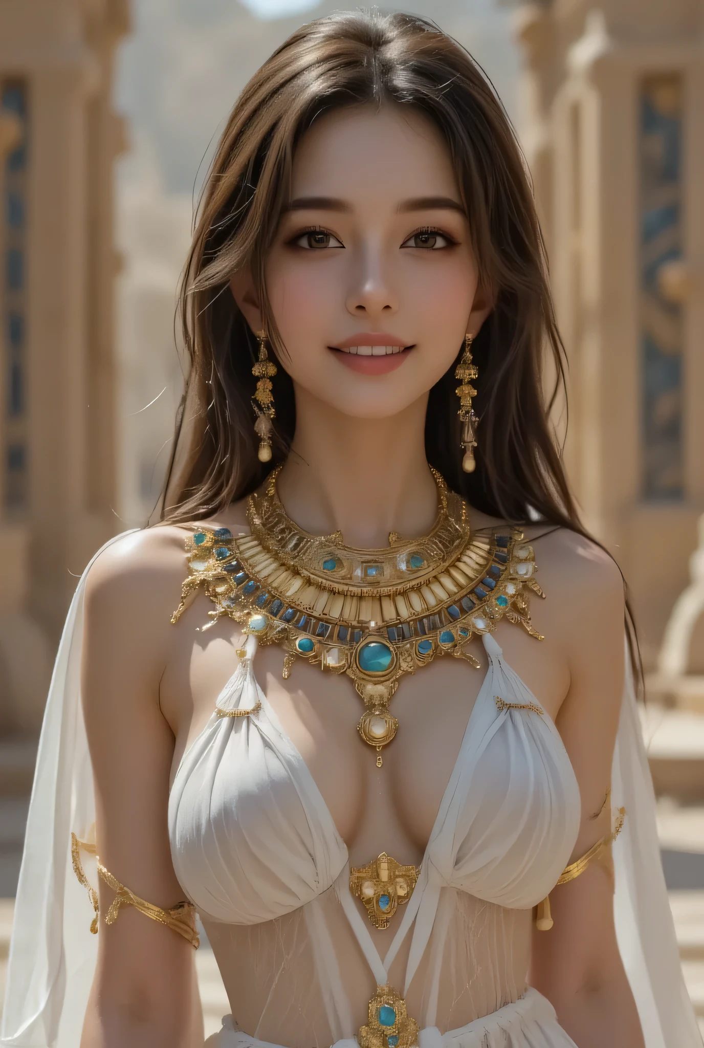 The goddess Isis from ancient Egyptian mythology stands with presence inside a sacred temple. She has dark skin and long black hair, adorned with elaborate gold accessories in ancient Egyptian style. Her light white cloth garments are sheer and revealing, emphasizing her graceful body lines while showing significant skin. The ornament radiates with embedded gems and polished gold, casting warm light across her figure. While embodying divine dignity, she displays a gentle, subtle smile that radiates the warmth and grace of an older sister. Photorealistic, high-resolution, mystical atmosphere, temple interior, divine presence, perfect proportions, Egyptian mythological setting