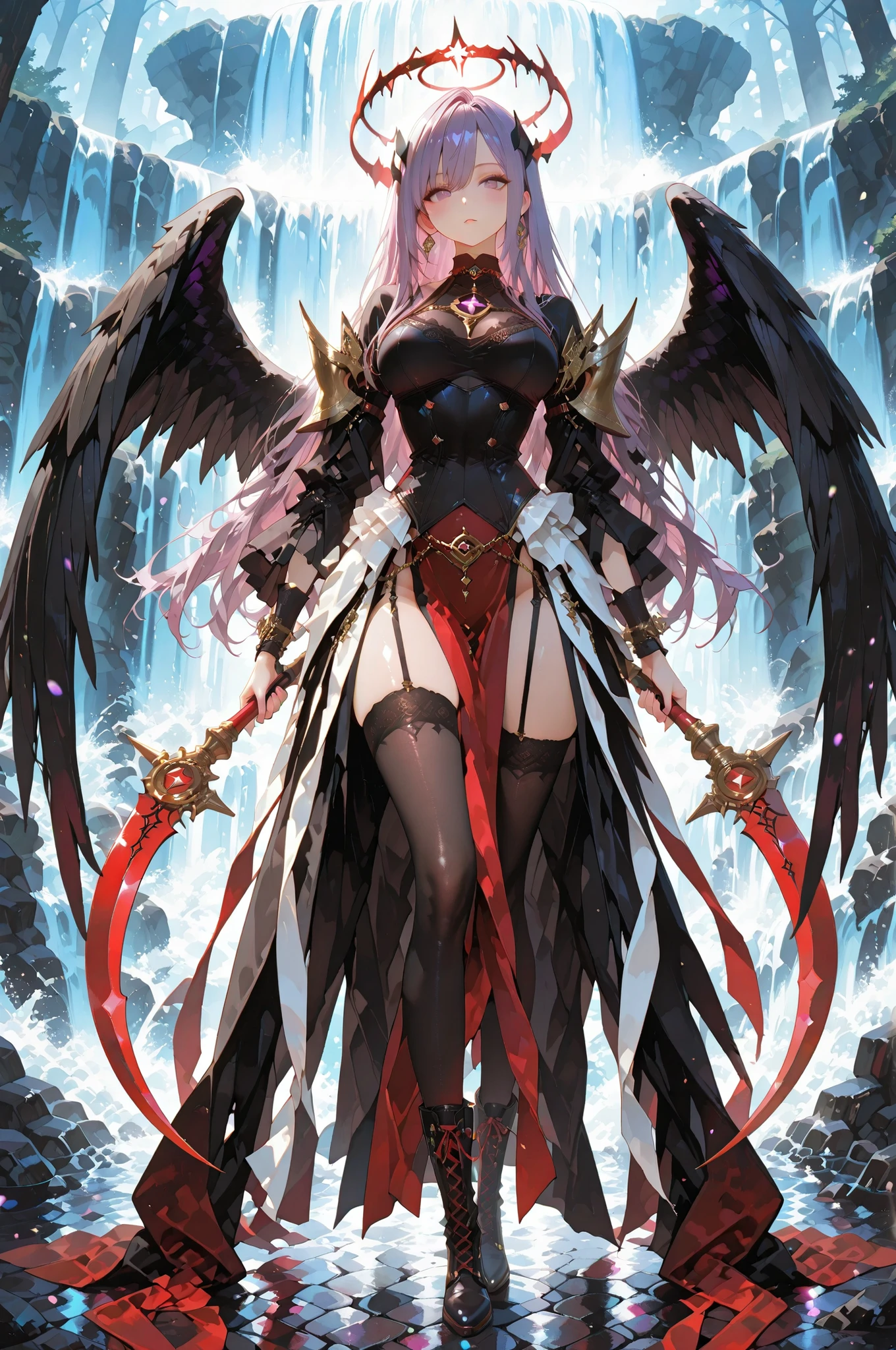 battlemage_neopresencia,,,,,,,.00,Outstanding work, slightly realistic, of extraordinary quality, very beautiful, ultra-high resolution, high resolution, anime style-----Show your full body. Look from a distance..Mature woman, tall figure.(Horror flavor :0.7),**************Random and exaggerated movements. Random limb movements...A figure stands dramatically against a dark backdrop, a hazy background that embodies the themes of Gothic and fantasy. She was wearing a black corset dress with a red base, which was spread out, revealing a layer of deep red fabric beneath. Her long, flowing purple hair added an element of mystery, cascading down to the middle of her back like a waterfall. It adds a supernatural air. She has large, black wings with bright purple highlights near the tips.
Her outfit was paired with black thigh-high socks decorated with garters and black lace-up boots. In her hand, she brandished a huge sickle with sharp red blades, matching the red halo hovering above her. Crosses were scattered on the ground, hinting at a desolate, otherworldly battlefield. The atmosphere is gloomy and eerie, and the scene exudes a sense of power and intensity.