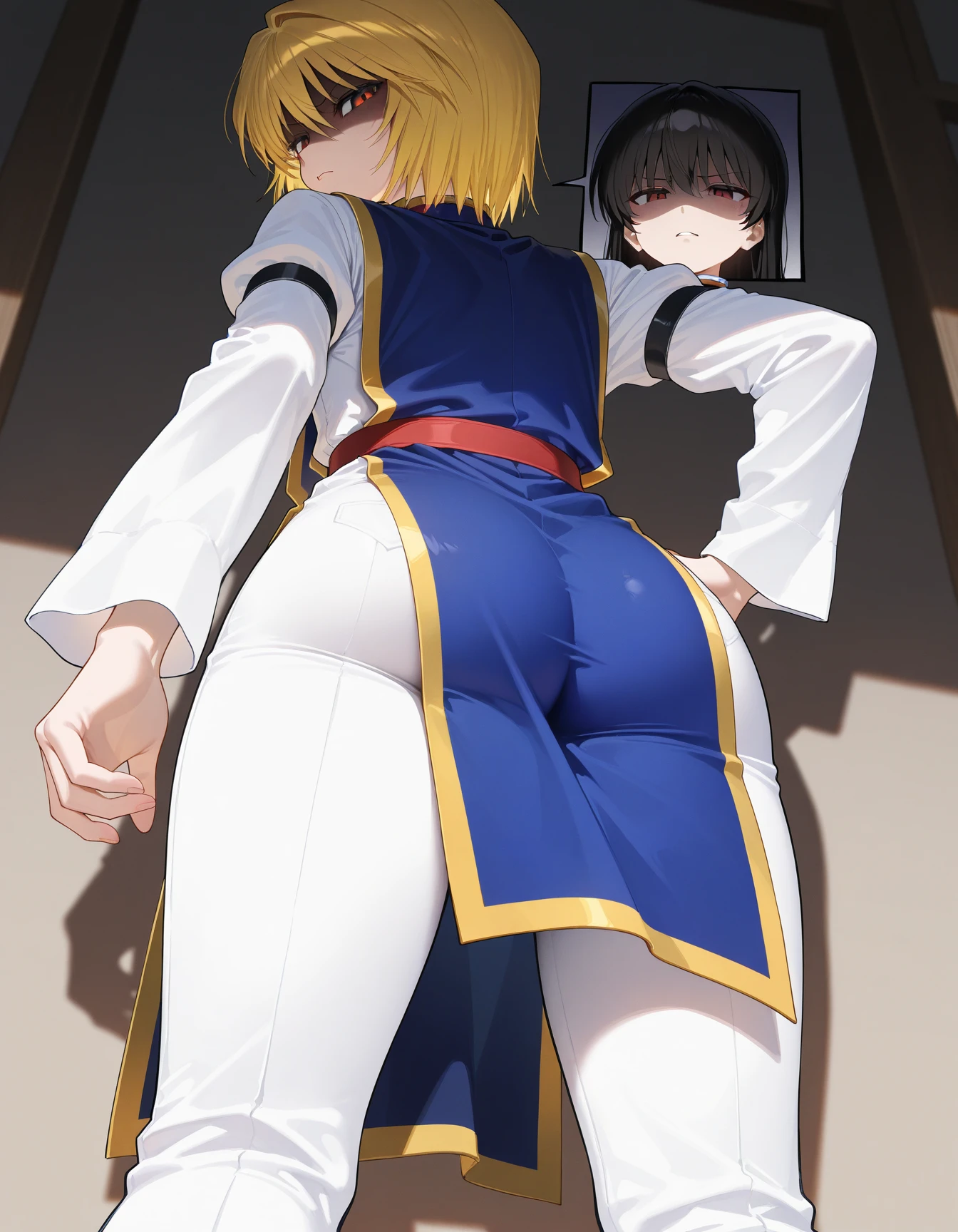 1girl, solo, , looking back, <lora:eyeball_in_ass:1> eyeball in  <lora:frieren-ponyxl-lora-nochekaiser:1> frieren, long hair, twintails, green eyes, grey hair, pointy ears, elf, || shirt, long sleeves, jewelry, pantyhose, earrings, striped, black pantyhose, capelet, striped shirt, skirt, white skirt, skirt lift, torn pantyhose