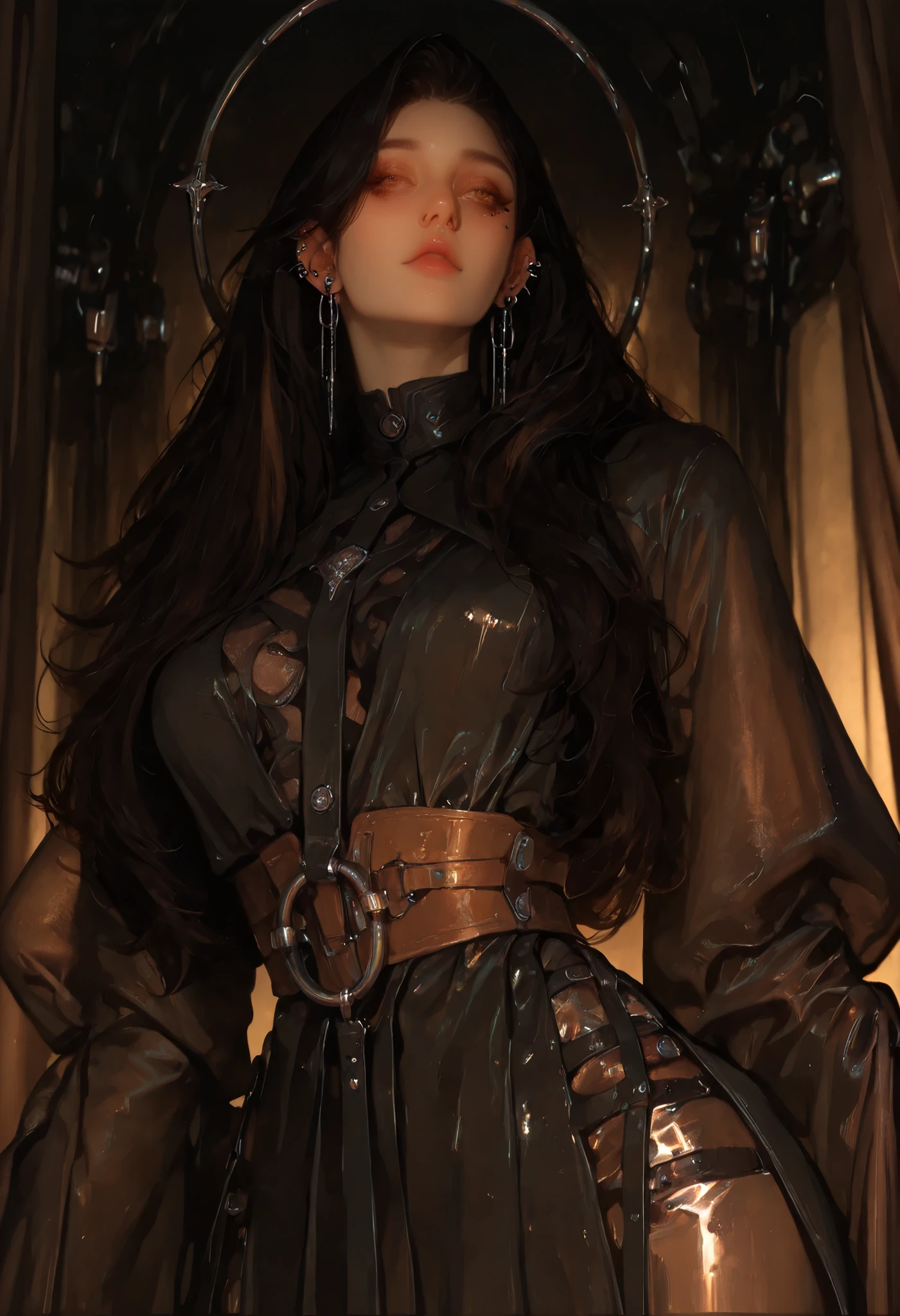 woman, very long raven-black hair flowing dramatically, warm brown eyes. She wears black dress characterized by a high waistline just below the bust and a loose, columnar skirt.Six silver hoops adorn her left ear, two studs on the right. Silver jewelry glints subtly—chokers, stacked rings, and ear piercings. soft gradients, and ethereal lighting with a moody, cinematic atmosphere. Dramatic chiaroscuro highlights her piercing gaze and the metallic sheen of her jewelry. Niji style. Semi-realistic