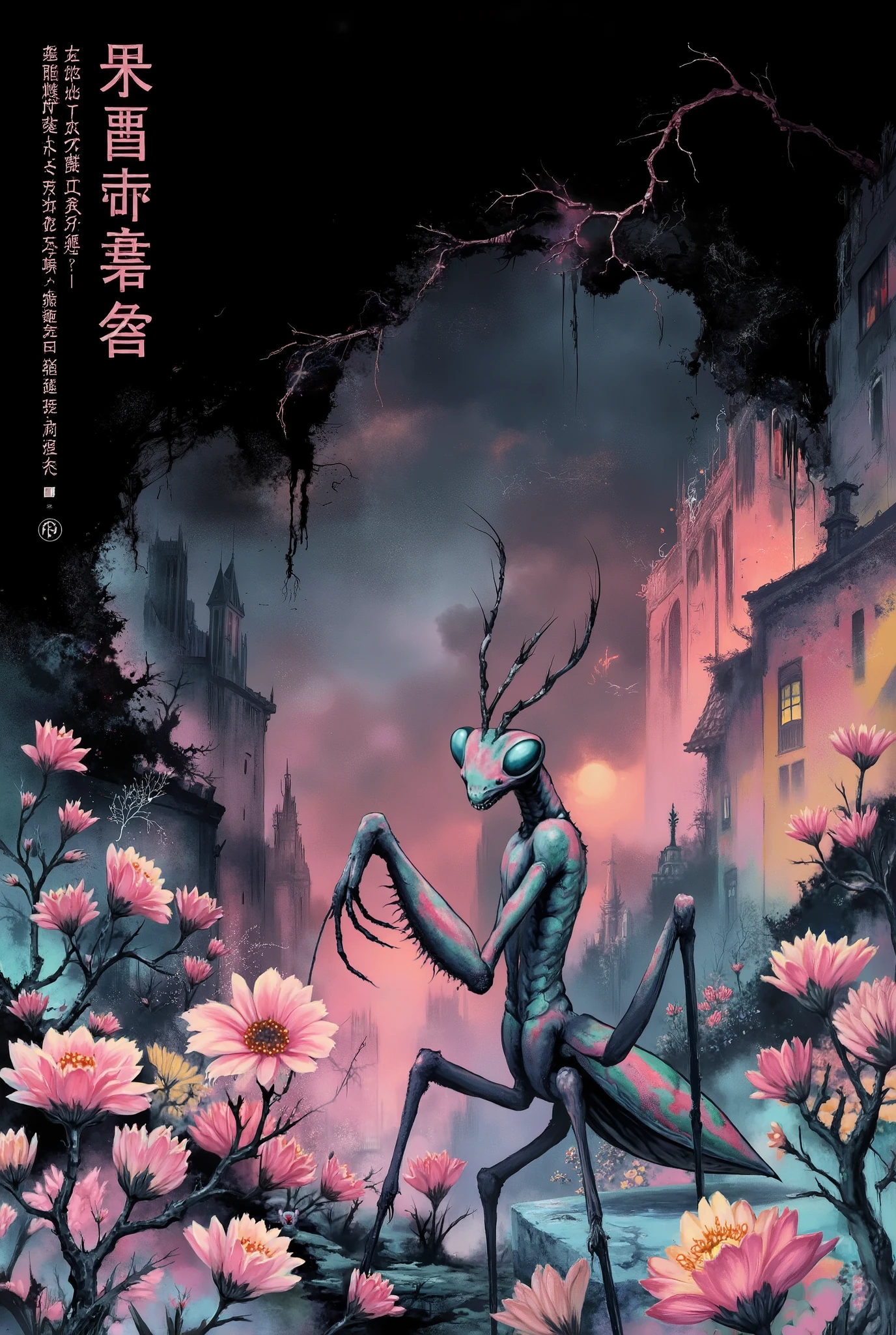 Dark Wallpaper, mantis in bottom half, upper half plain black, pastel colors