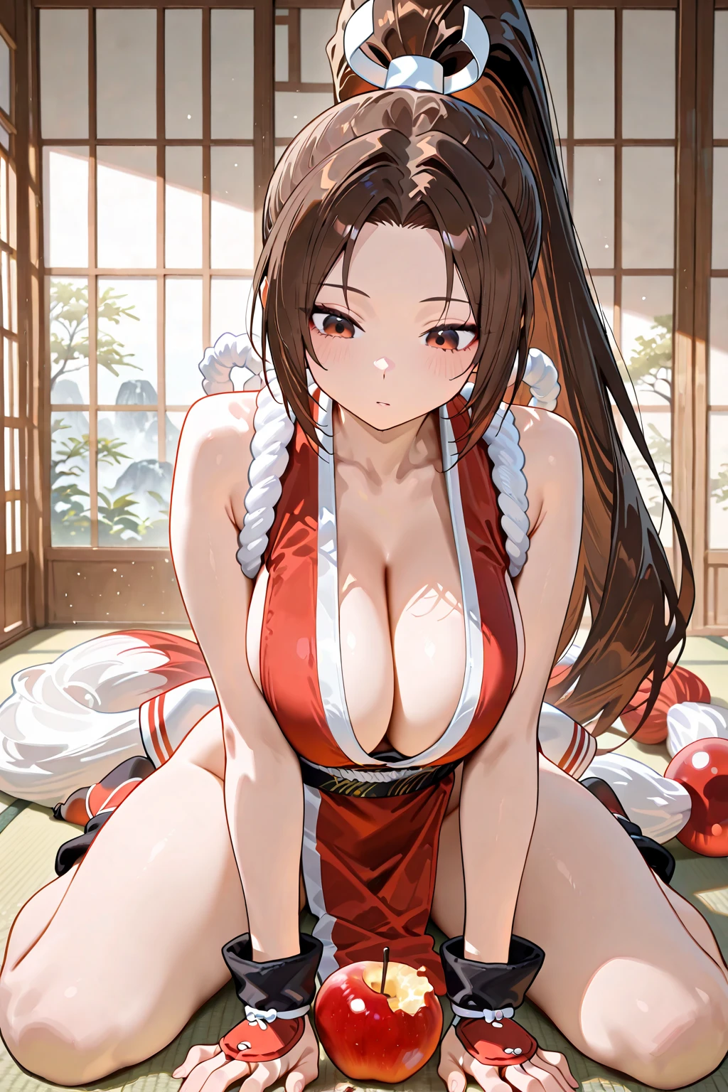 masterpiece, best quality, absurdres, newest, very aesthetic, amazing quality,highres, face focus, flirting, shiranui mai \(king of fighters\), 1girl, bare shoulders, blush, brown eyes, brown hair, hand fan, high ponytail, gigantic breasts, legs, long hair, looking at viewer, ponytail, sideboob, solo, thick thighs, thighs, combat arena