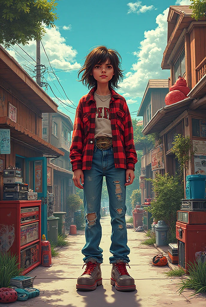 Clementine, brown hair, brown eyes,  medium hair, 
dirty clothes, white shirt,   , 
 standing,   leaning to the side, 
cloudy, dusk,  junkyard, 
(insanely detailed, beautiful detailed face,beautiful detailed eyes, masterpiece, best quality),
 