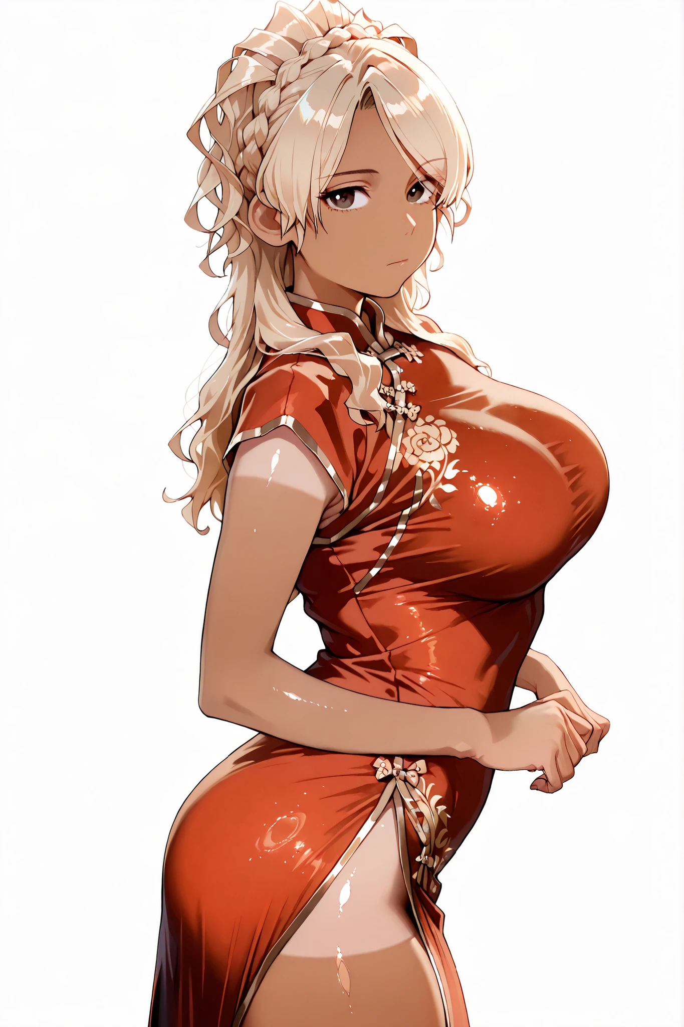tanlines,1cute girl,solo,alone,yamamotowz,blonde hair, brown eyes, crown braid, large breasts, gyaru, dark skin, dark-skinned female, mature female,slender_waist,expressionless,cool impression,
BREAK
(plain white background:1.3),
BREAK
(red chinese dress:1.3),(gold accents),(dragon embroidery),(luxury embroidery),(shiny silk fabric:1.2),(impactful look),nsfw,
BREAK
standing,photogravure pose,(looking at viewer:1.2),
BREAK
score_9,score_8_up,high detailed,masterpiece,best quality,highres,photo,realistic,(from side),(dynamic angle),