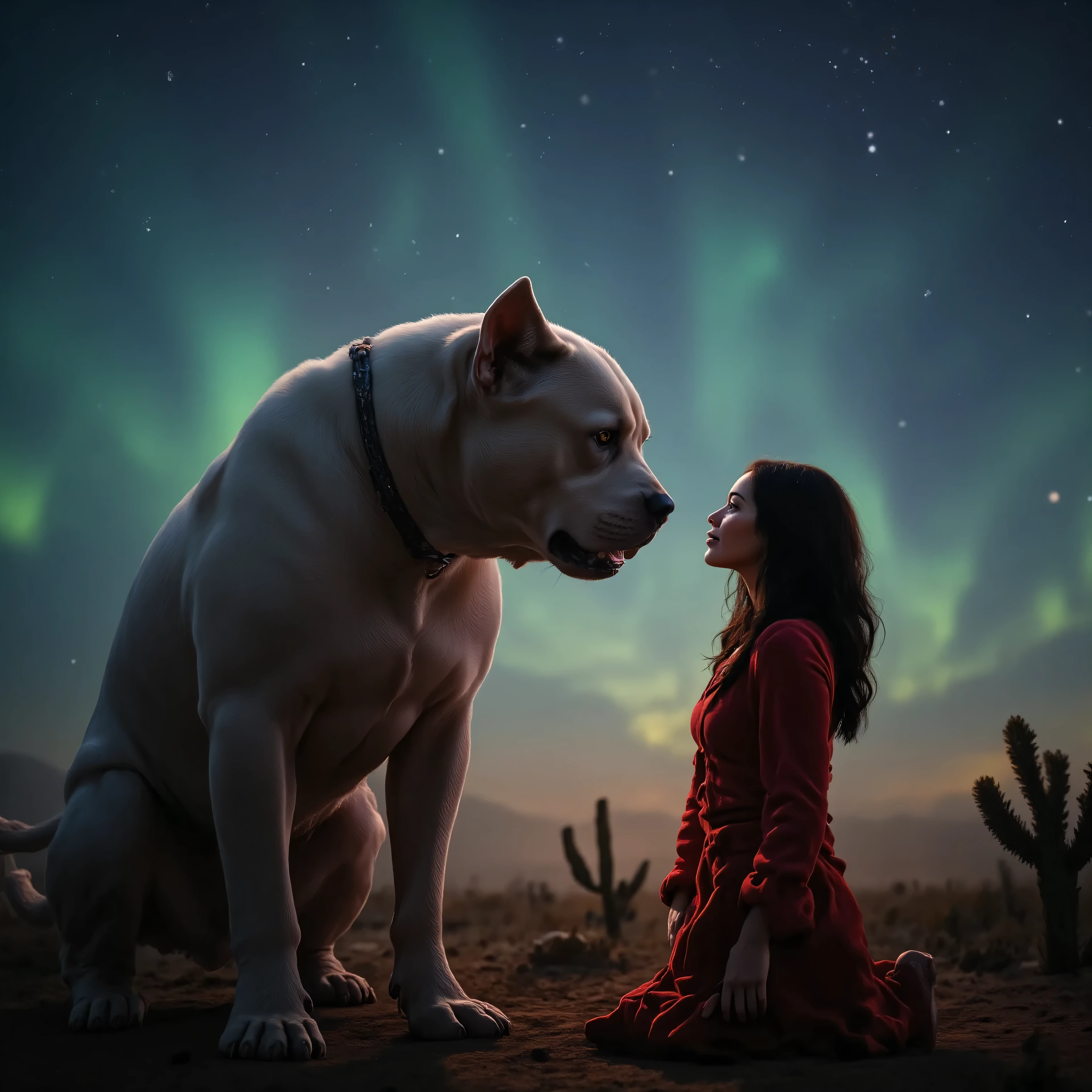 A very large muscular white-haired red-nosed pitbull with an enormous head is standing face to face with an extremely attractive young woman who is down on her knees. Outside shot, desert, cacti, very bright vibrant colors of intense Aurora Borealis seen in the sky. Ultra-realistic, Photorealistic, cinematic portrait, cinematic photography, cinematic lighting, attention to detail, UHD,16k, best quality, masterpiece