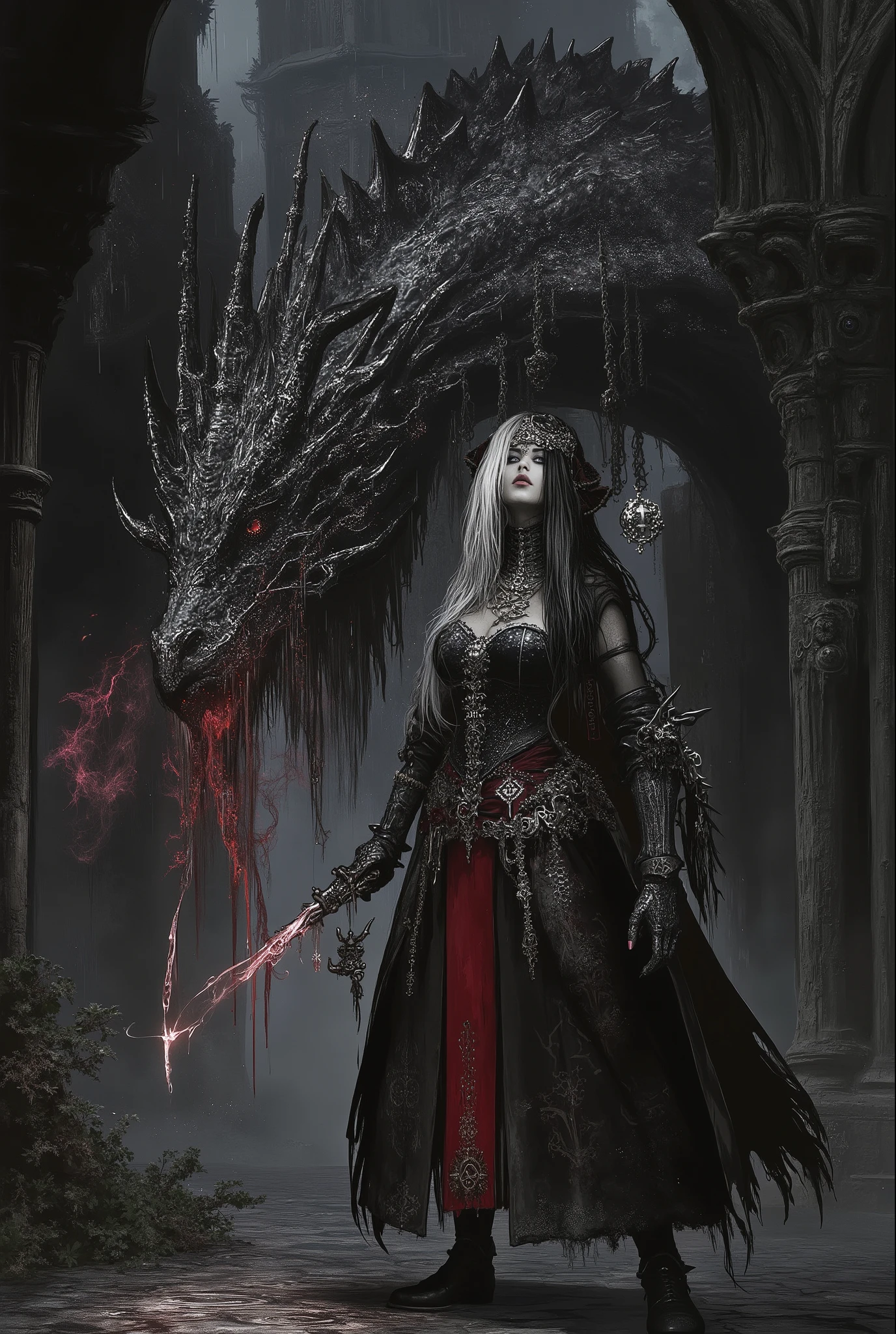 A dramatic, darkly elegant scene in a gothic, rain-slicked courtyard of a forgotten castle at midnight. A tall, severe gothic witch dragon tamer with pale skin, sharp features, and intense kohl-rimmed eyes. Her long, raven-black hair is woven with ancient silver charms and bones. She wears a intricate, fitted black leather corset adorned with occult symbols, over a flowing blood-red silk skirt, its tatters moving in an unseen mystical wind. She stands fearlessly before a massive, ancient spectral dragon made of shadow, smoke, and shimmering constellations. Its eyes are pools of molten silver. Instead of taming with force, she performs an intricate, hypnotic hand ritual, weaving threads of crimson and violet light that spiral around the dragon's form, not binding it, but communing with it. The dragon lowers its head, not in submission, but in curiosity, as the arcane sigils glow on the wet cobblestones beneath them. Style of Yoshitaka Amano and Victoria Frances, dark fantasy, gothic art, elegant and macabre, cinematic lighting, dramatic shadows, ethereal glow, volumetric mist and magic, hyper-detailed, 8k resolution.