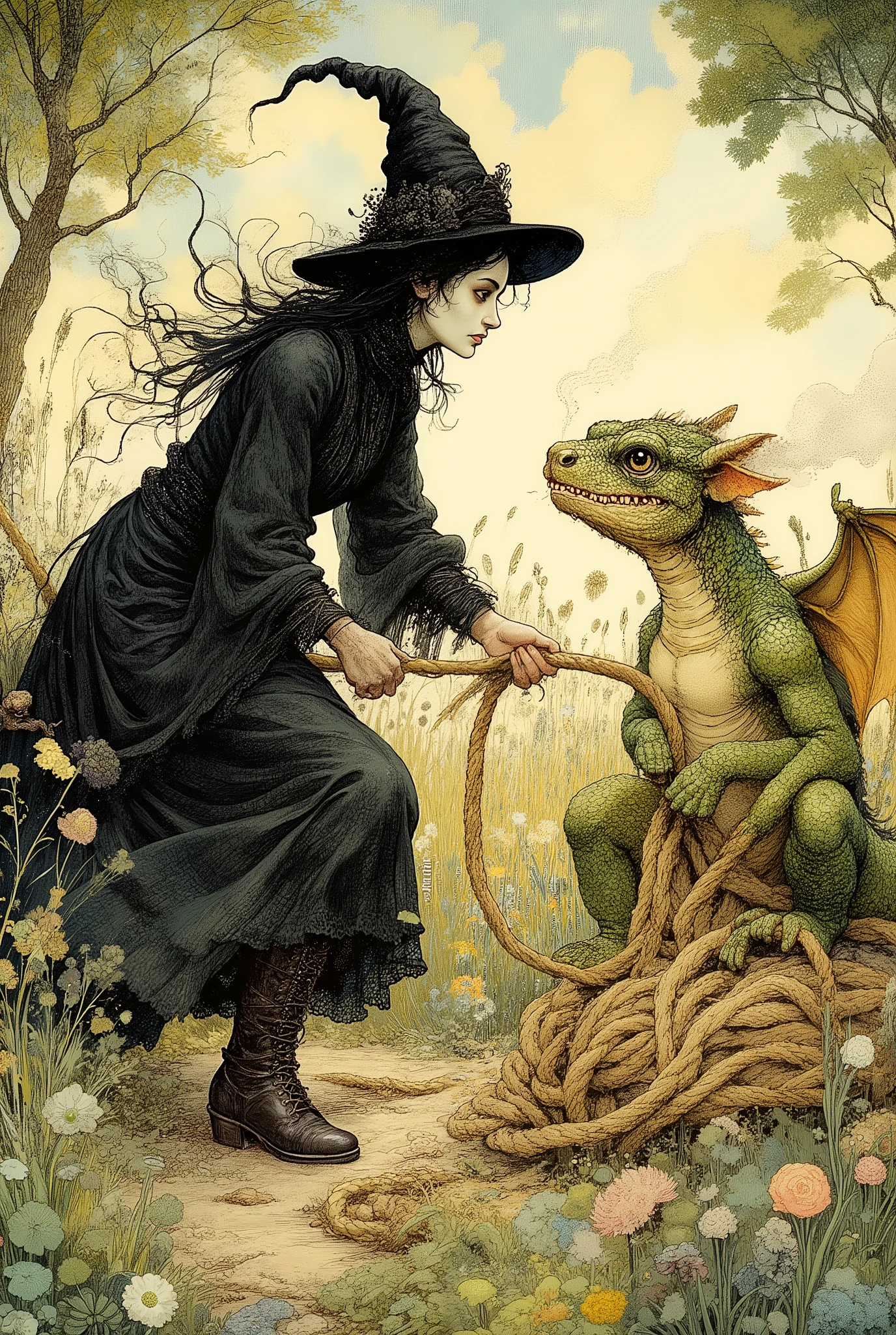 A hilarious and whimsical scene of a determined gothic witch and a grumpy young dragon playing tug-of-war with a giant, knotted rope in a sun-drenched meadow. The witch, with her dramatic black dress and serious expression, is pulling with all her might, her boots digging into the dirt. Opposite her, a chubby, diminutive dragon with big expressive eyes and tiny wings is equally determined, sitting back on its haunches, pulling with its teeth, a puff of harmless smoke curling from its nostrils. The tension in the rope is comical. The style is a mix of whimsical storybook illustration and animated film still, reminiscent of the art of Hayao Miyazaki and Genndy Tartakovsky. Bright, cheerful lighting, soft textures, exaggerated expressions, and a sense of playful motion. The scene is charming, endearing, and perfectly captures a moment of silly bonding between an unlikely pair.