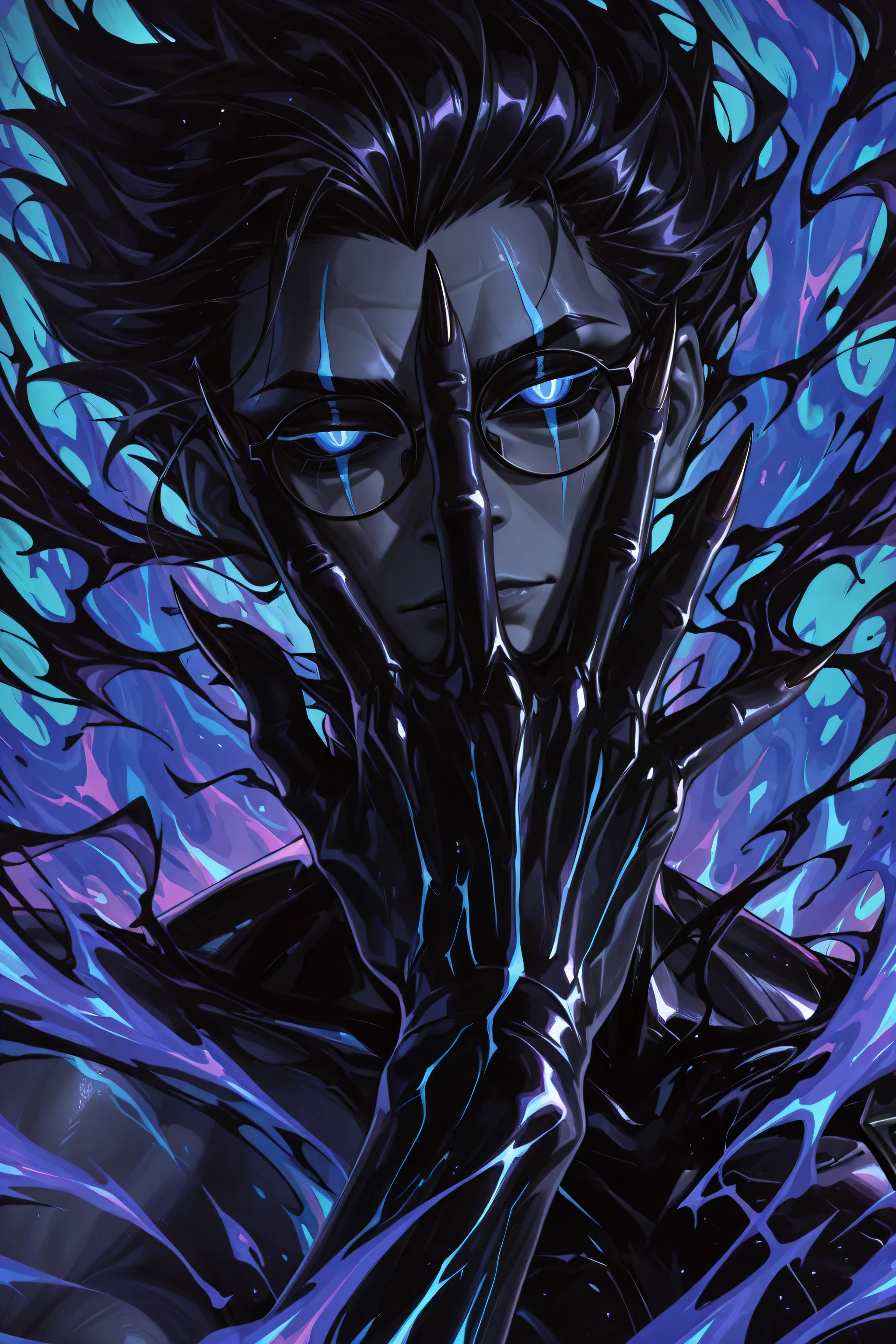 ,omen_(valorant),adult male fantasy background、Thin-rimmed black glasses