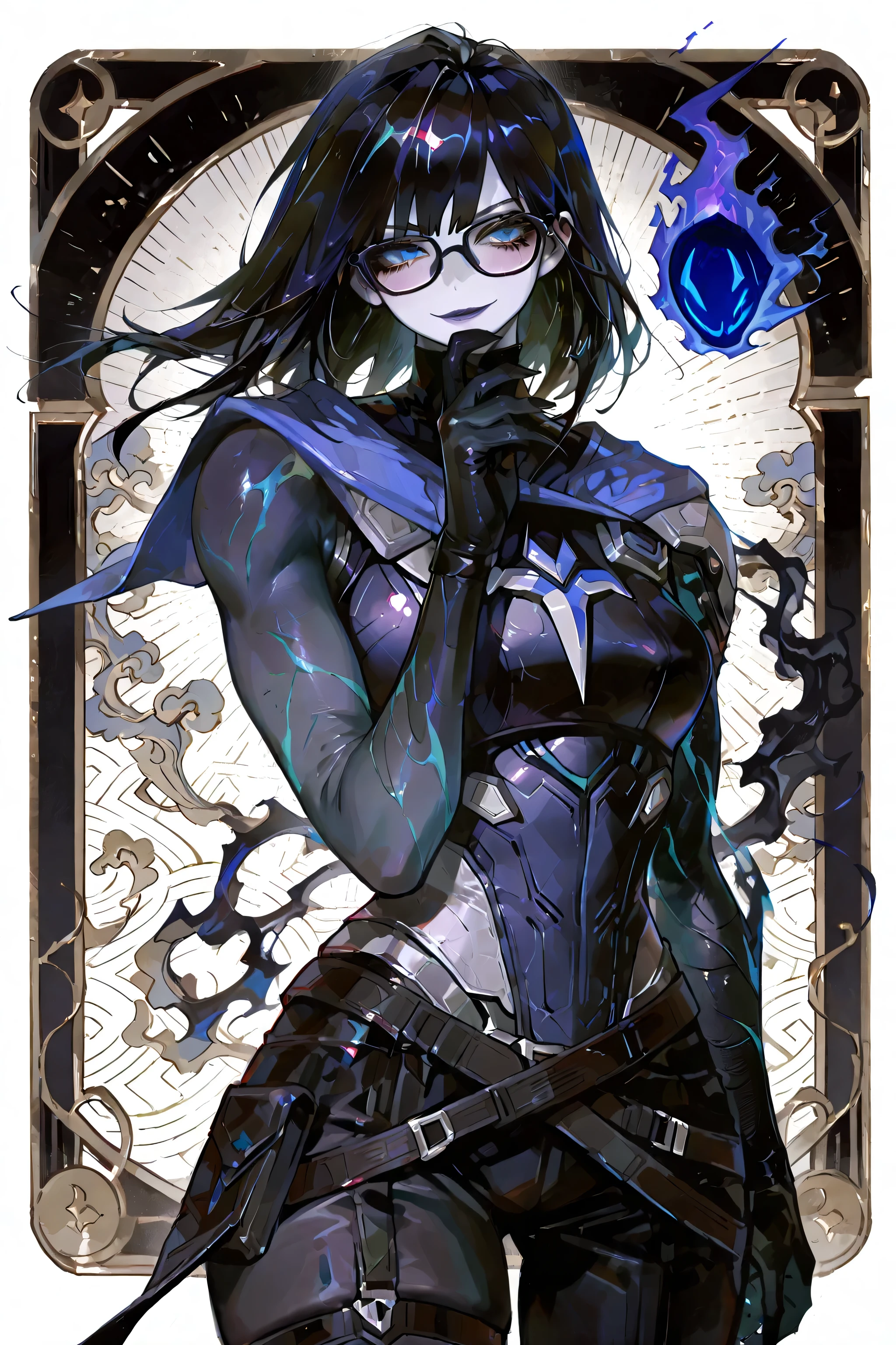 ,omen_(valorant),adult female fantasy background、Thin-rimmed black glasses, omen woman version, gender change