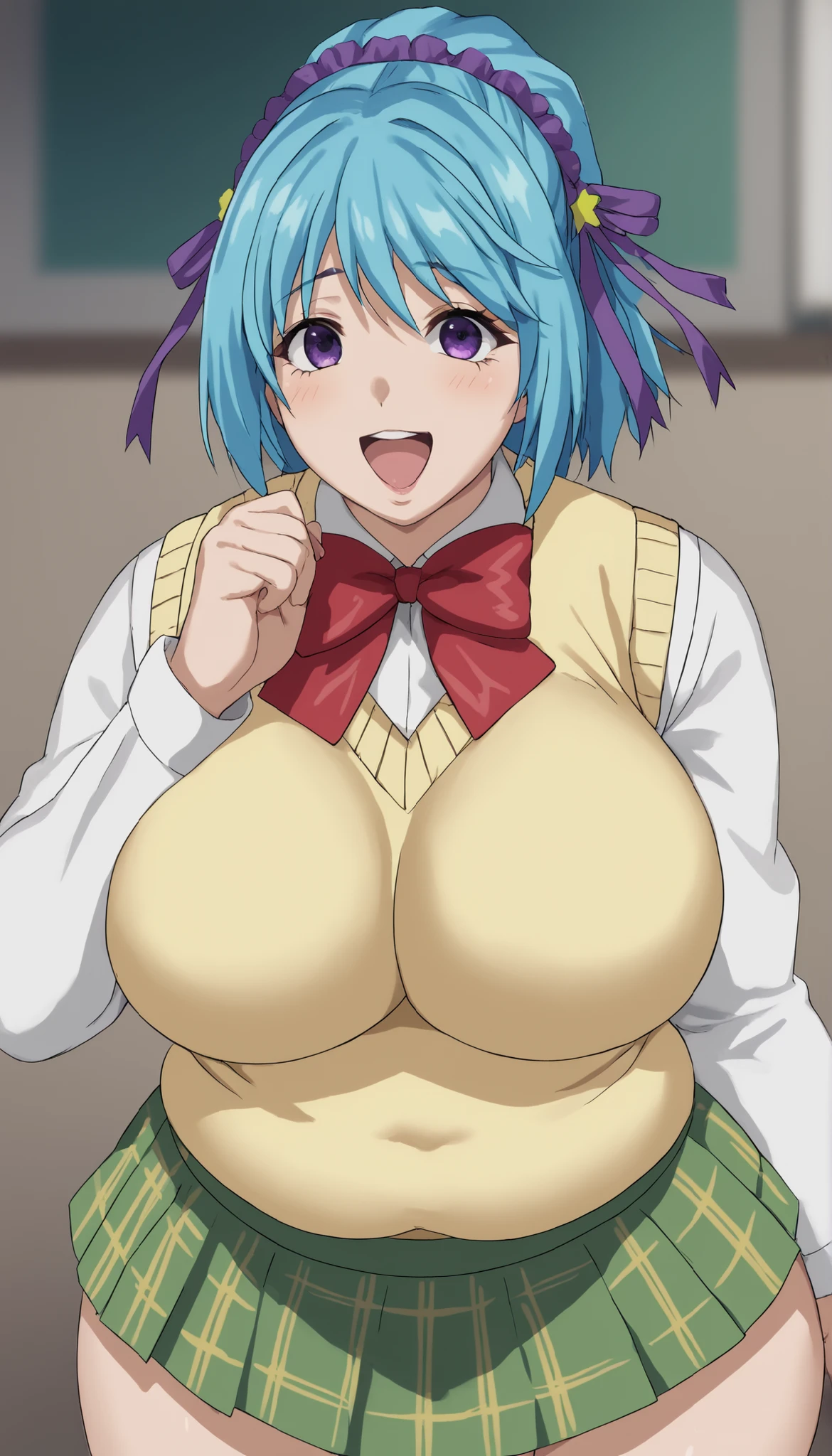 score_9, score_8_up, score_7_up, source_anime, kurumu kurono, short hair, blue hair, purple eyes, ponytail, ribbon, hair ribbon, hair ornament, large breasts,, shirt, white shirt, long sleeves, bow, red bow, sweater vest, yellow sweater vest, skirt, plaid skirt, green skirt, socks, pretty beautiful mature old cute curvy slut bbw female woman sexy, chubby ,big hairy milf big exaggerated big, excited look,happy, cute,