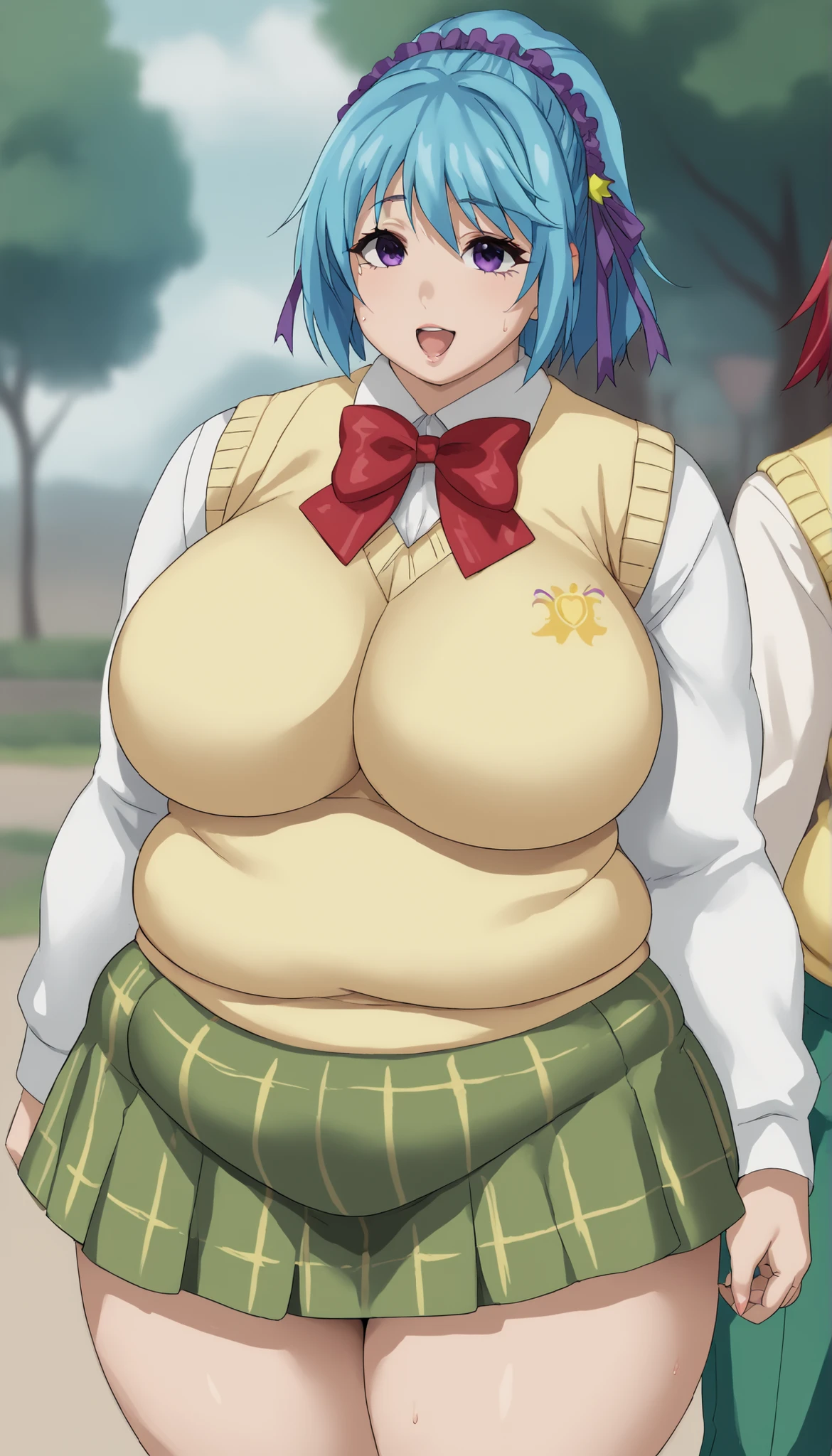 score_9, score_8_up, score_7_up, source_anime, kurumu kurono, short hair, blue hair, purple eyes, ponytail, ribbon, hair ribbon, hair ornament, large breasts,, shirt, white shirt, long sleeves, bow, red bow, sweater vest, yellow sweater vest, skirt, plaid skirt, green skirt, socks, pretty beautiful mature old cute curvy slut bbw female woman sexy, chubby ,big hairy milf big, cute, chubby, Obese, huge arms and legs, BBW、big chest wide open mouth, shortness of breath、sweat, puffy cheek