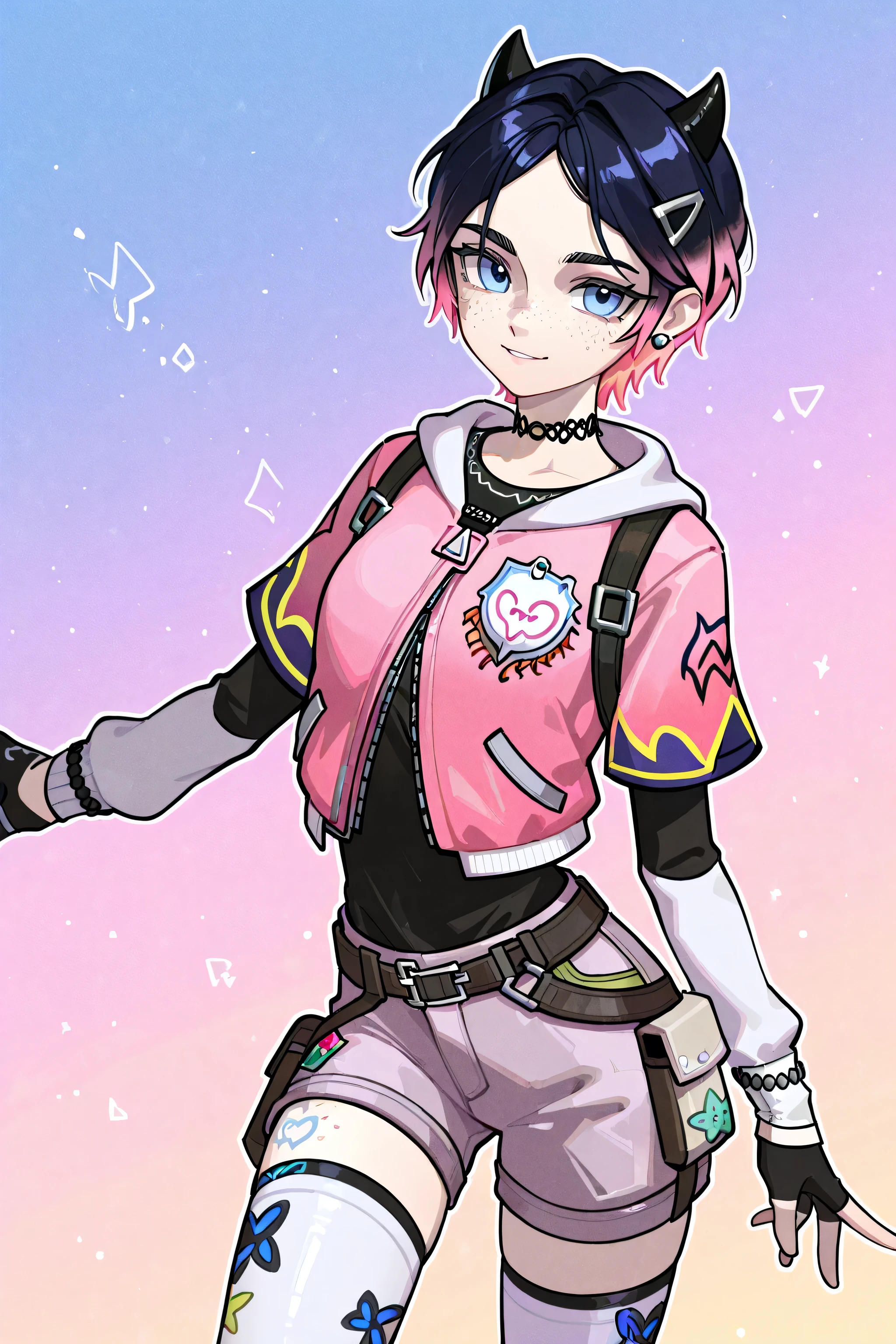 shorts, print legwear, pink jacket, very short hair, legwear under shorts, pink vest, jacket, choker, ,short hair, small horns, black hair, pink hair, gradient hair, black shirt, blue eyes, freckles, ,clove \(valorant\),