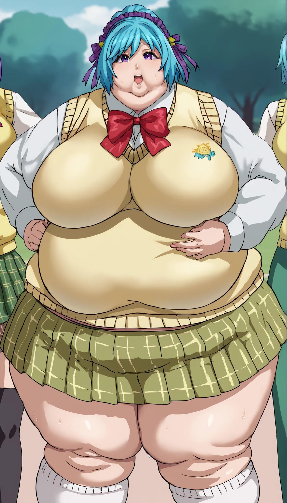 score_9, score_8_up, score_7_up, source_anime, kurumu kurono, short hair, blue hair, purple eyes, ponytail, ribbon, hair ribbon, hair ornament, large breasts,, shirt, white shirt, long sleeves, bow, red bow, sweater vest, yellow sweater vest, skirt, plaid skirt, green skirt, socks, pretty beautiful mature old cute curvy slut bbw female woman sexy, chubby ,big hairy milf  big, cute, chubby, Obese, huge arms and legs, BBW、big chest wide open mouth, shortness of breath、sweat, puffy cheek
