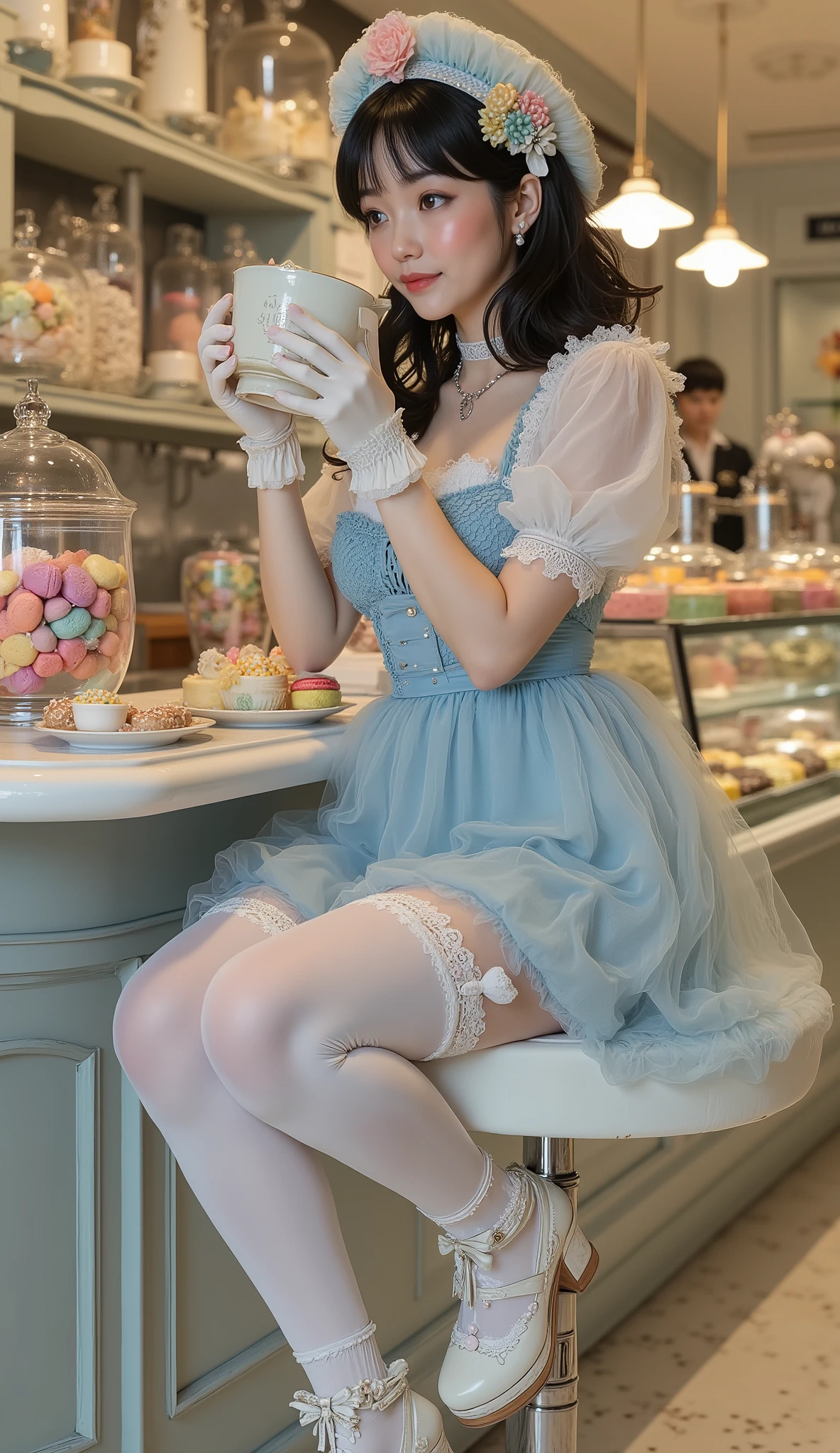 Subject: A beautiful dark-haired woman in a Sweet Lolita fashion coord. She is sitting elegantly on a high bar stool at a patisserie counter, with her legs gracefully crossed. Her pose is relaxed yet refined: she is leaning back slightly, holding a large mug of cappuccino by its handle as if she has just blown on it. Her gaze is soft, thoughtful, and directed somewhere away from the viewer, beyond the frame. Apparel & Look: Dress: A soft blue tulle and satin dress with white lace trim and delicate pink details (bows, ruffles). Hosiery: White thigh-high stockings with intricate lace tops and elegant garters adorned with tiny bows and pearl accents. Footwear: Platform heels decorated with ornate bows and miniature edible decorations (lollipops, macarons). Accessories: Elbow-length white gloves, a small cloche hat adorned with flowers and ribbons, and delicate lace ribbons in her hair. Setting & Atmosphere: Scene: A cozy, vintage-style patisserie with a pastel color scheme. On the counter: An assortment of glass jars filled with colorful candies and lollipops, pastel-colored desserts on porcelain plates, a dusting of powdered sugar. Color Palette: A soft and sweet palette: muted grey, peach, lemon-yellow, beige, shades of coffee-with-milk, soft blue, and dusty pink. Lighting: Warm, soft, and cinematic, creating an intimate and cozy atmosphere. Details & Style: Photorealistic detail, hyper-detailed textures (satin, tulle, lace, glass), shallow depth of field, cinematic lighting, 8k resolution.