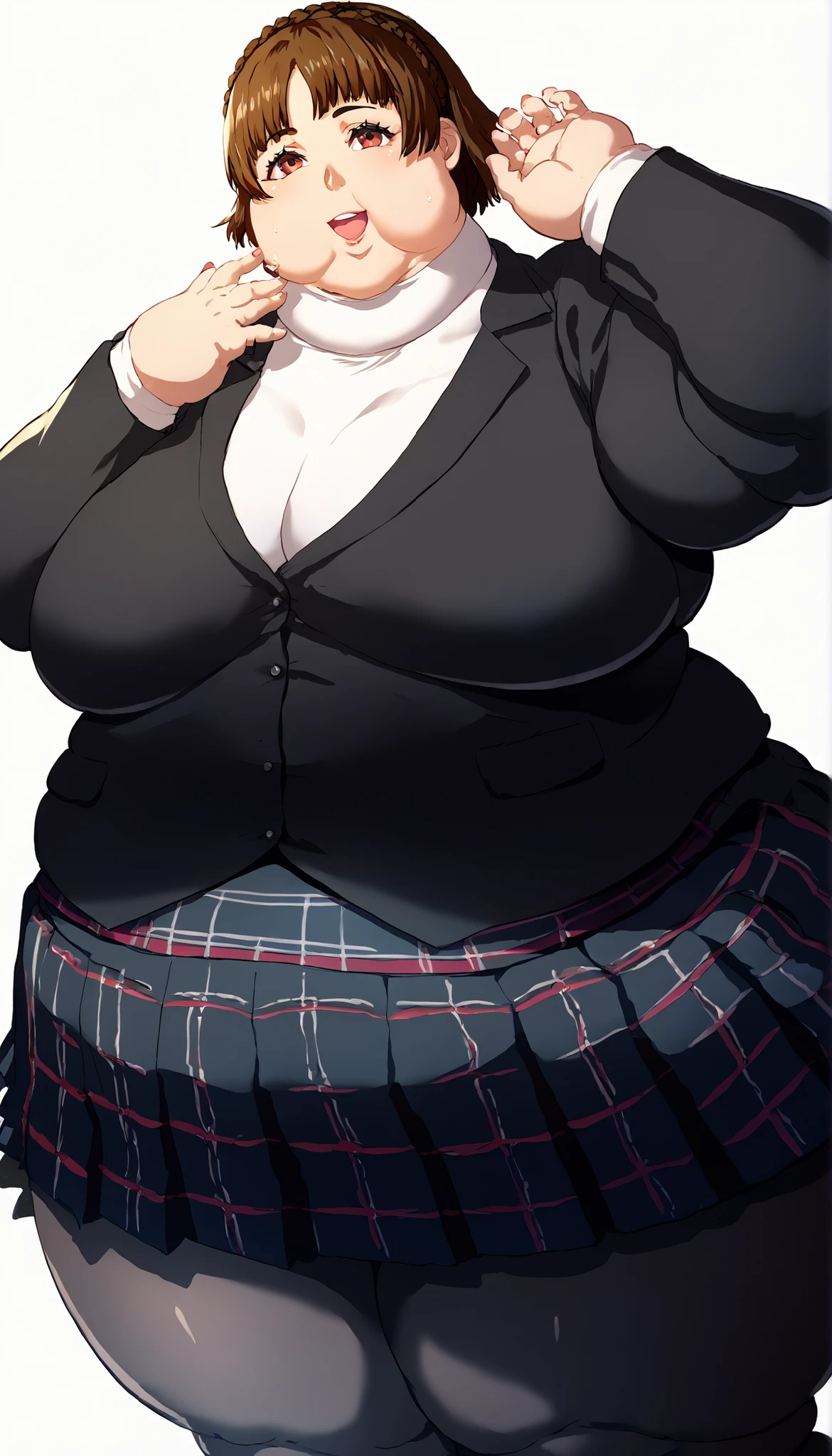 score_9, score_8_up, score_7_up, source_anime, 1girl, looking at you, smile, defMako, short hair, crown braid, white turtleneck, long sleeves, black vest, medium breasts, plaid pleated skirt, black pantyhose, thighs, pretty beautiful mature old cute curvy slut bbw female woman sexy, chubby ,big hairy milf big, cute, chubby, Obese, huge arms and legs, BBW、big chest wide open mouth, shortness of breath、sweat, puffy cheek
