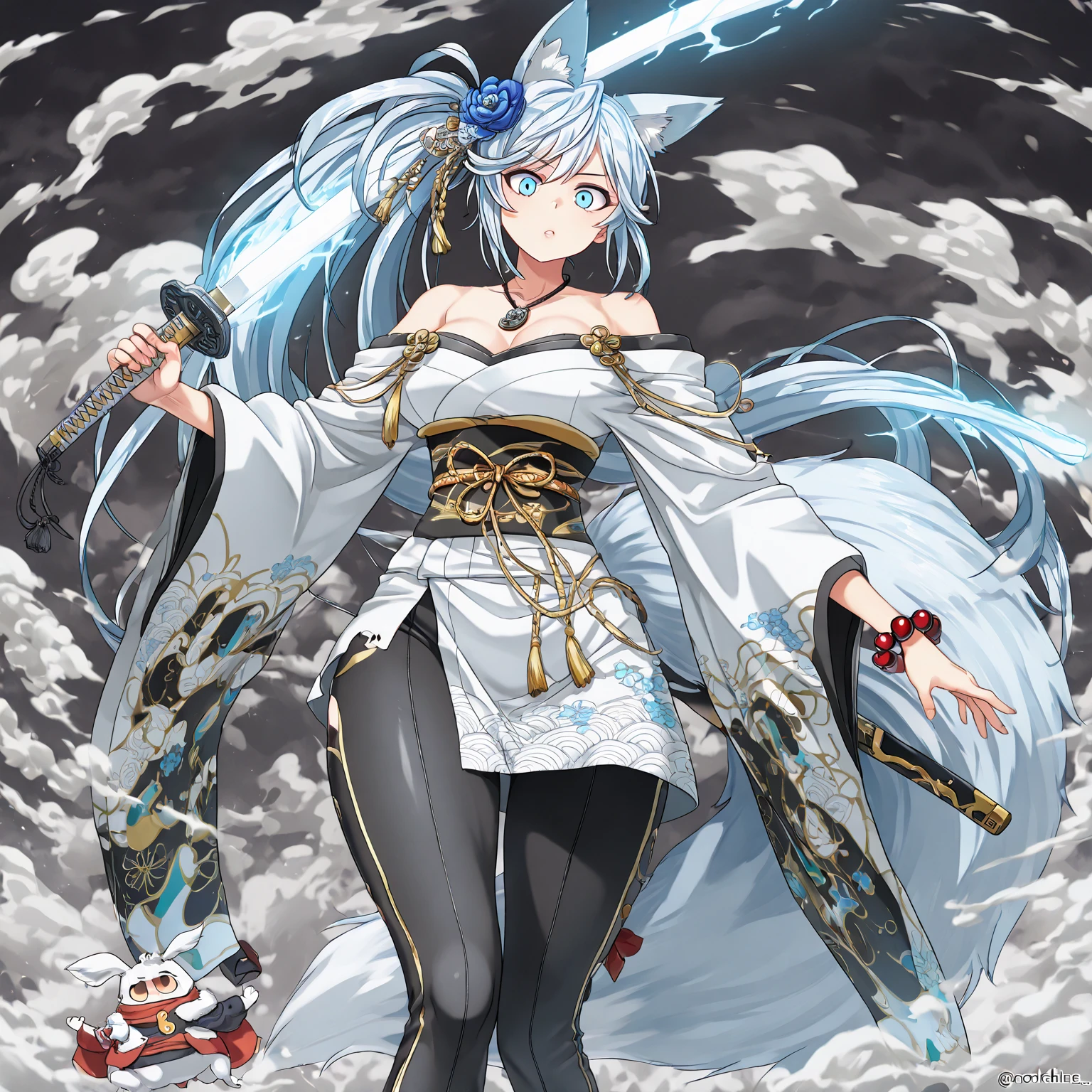 armpits and 、A magnificent view of the city from the treetopasterpiece, best quality:1.2), 1girl, 独奏,Wolf girl, fox mask, ninja, girl, long white hair, odd eyes, blue kimono, ninja girl, red and blue scarf,Dancing Cherry Blossoms,Full moon backlighting, light coming in, fantastic atmosphere.night、Shadows of light and darkness、Eyes glowing in the dark、Black fox mask、Fisheye Lens、Expansive starry sky、long hair that spreads、Overlooking the city from atop a large cherry tree、Aside exposure、A Chinese umbrella with a cherry blossom pattern
