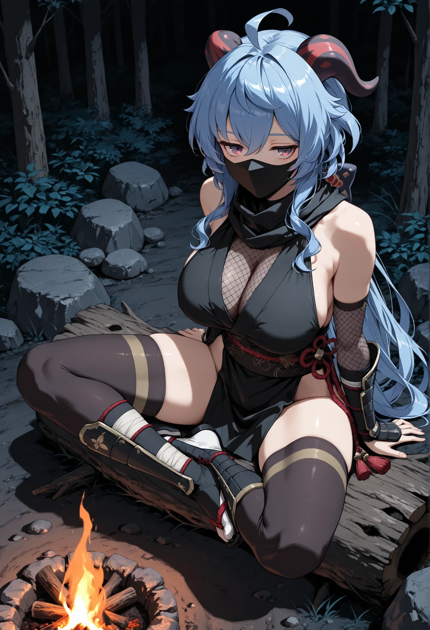 masterpiece, best quality ,
ganyu, blue hair, goat horns, horns, long hair, purple eyes, sidelocks, (Large breasts),
masterpiece, best quality, highres, absurdres, very awa, 1girl, solo,
large breasts, ninja, fishnets, arm guards, japanese clothes, sash, black scarf, thighhighs, campfire, outdoors, night, nature, forest, dark theme, indian style, sitting, from above, mouth mask, (ninja mask), shin guards, ankle wrap, tabi, sandals, rock, sitting on rock, log, sitting on log, dim lighting, dark background, looking at viewer, pelvis curtain, jitome