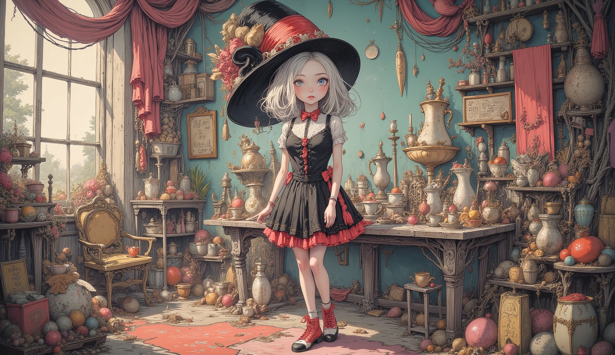 Nsfw,nipple cutout,young woman wearing a mad hatter hat、I have pale blue-grey eyes. Please wear the red Converse All Stars. Mad Hatter's Tea Party .