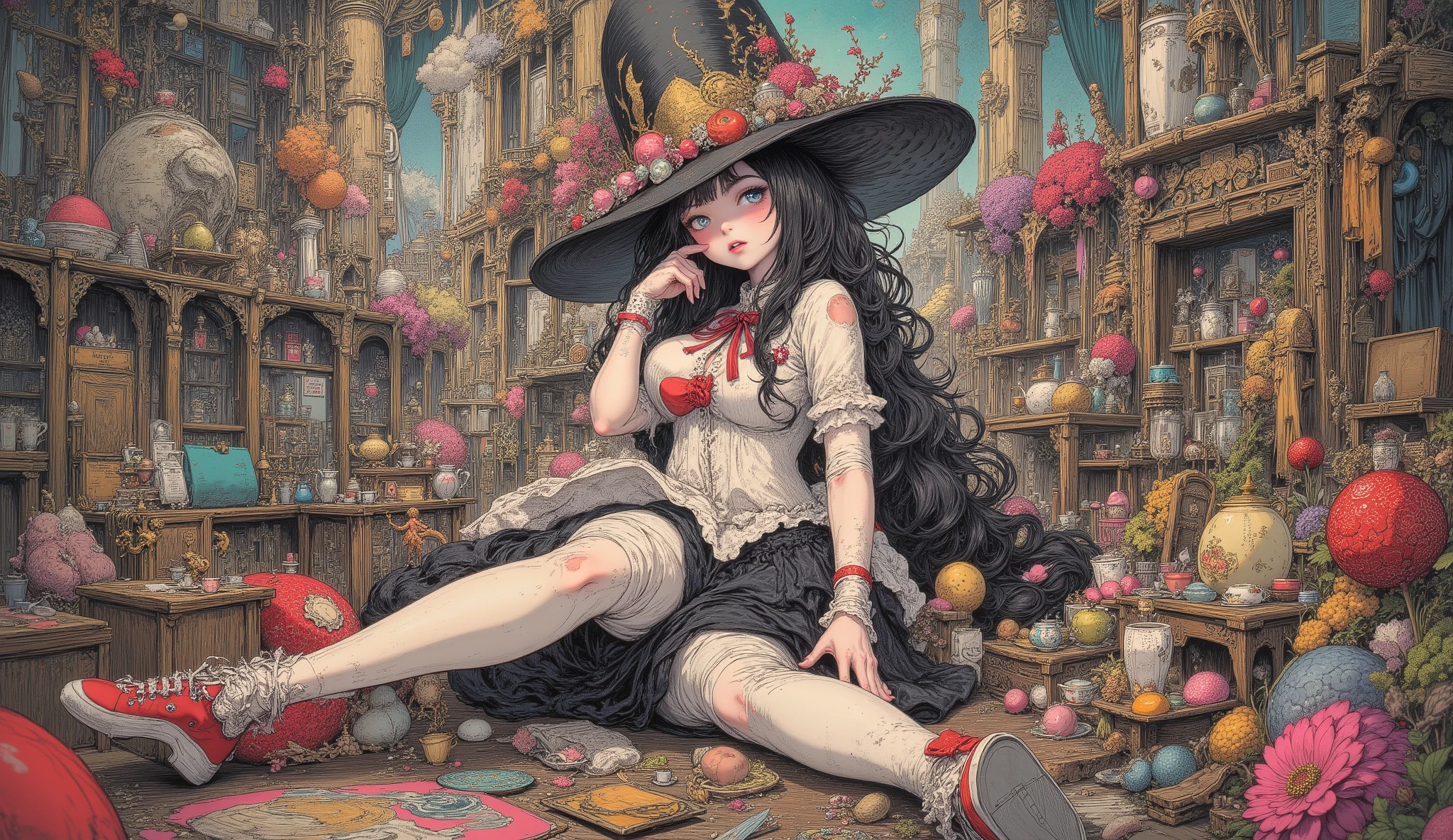 Nsfw,nipple cutout,young woman wearing a mad hatter hat、I have pale blue-grey eyes. Please wear the red Converse All Stars. Mad Hatter's Tea Party .