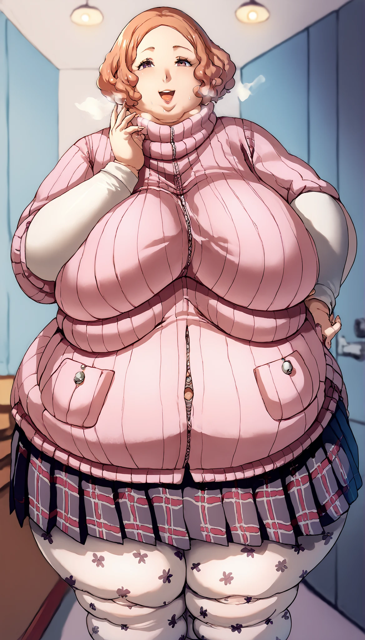 score_9, score_8_up, score_7_up, source_anime, BREAK 1girl, looking at you, smile, defHaru, short hair, pink ribbed sweater, turtleneck sweater, short over long sleeves, plaid skirt, pleated skirt, print pantyhose, pretty beautiful mature old cute curvy slut bbw female woman sexy, chubby ,big hairy milf big, cute, chubby, Obese, huge arms and legs, BBW、big chest wide open mouth, shortness of breath、sweat, puffy cheek