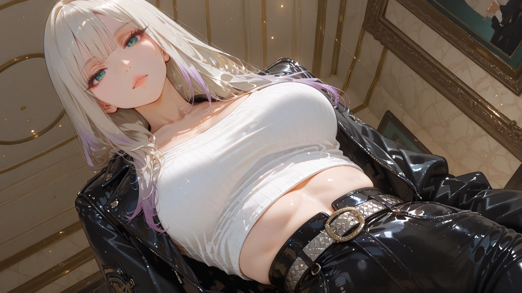 masterpiece:1.2, best quality, upper body angle, platinum blonde hair, silver hair, lavender gradient hair tips, straight hair, medium length hair, sleek style, oval-shaped face, sharp and elegant lines, tall, slender yet curvaceous body, model-like proportions, large breasts, exaggerated curves, turquoise eyes, luxury street style, white crop top, high-waisted pants, metallic belt, black leather jacket, anime-style eyes, glossy eyes, smooth cel-shading, thin outlines, slight anime style


