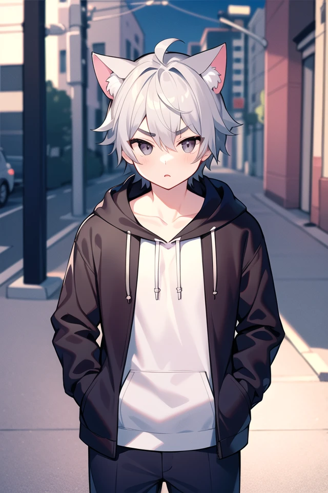 Solo, kemono, femboy, white hair, purple eyes, wear black hoodie, wear black skirt, wear glasses, wear black headphones, look at camera, blushes, no smile, cyberpunk city background, night time, high details