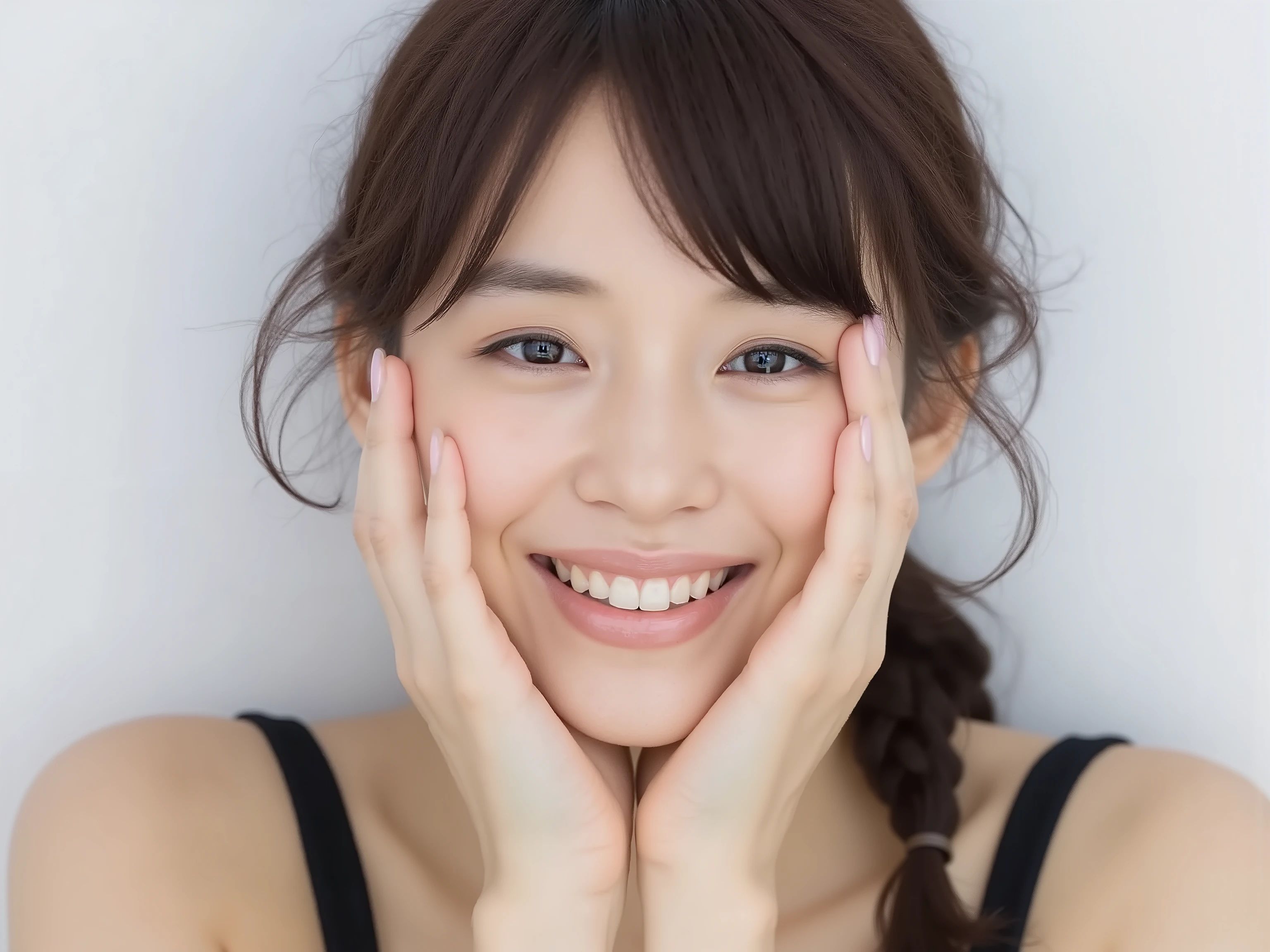 (Refined from an old photo, recreated in a modern, ultra high-quality photorealistic style, with a trendy Reiwa-era hairstyle: soft semi-long hair with natural waves and airy see-through bangs), 
Ultra photorealistic close-up portrait of a beautiful Japanese woman, 
upper-body shot, wearing a black outfit (completely out of frame, not visible), 
shoulders and collarbone softly exposed, 
both hands pressing her cheeks in a shy, lovestruck pose, 
sparkling eyes gazing dreamily at the viewer with overwhelming affection, 
cheeks blushing deeply with a sweet reddish glow, 
soft glossy lips curved into a bright, full, lovestruck smile, 
expression melting with love, playful, dreamy, adorably bashful, 
purely cute and lovestruck, overflowing with affection and warmth, 
realistic skin with detailed pores, subtle freckles, natural uneven tones, 
tiny imperfections for realism, soft peach fuzz visible, 
hair rendered with individual strands, slightly messy flow, natural matte shine, 
soft diffused cinematic lighting, natural depth, 
background pure white with gentle blur, 
(masterpiece, best quality, high resolution, intimate romantic close-up, cinematic magazine cover style)