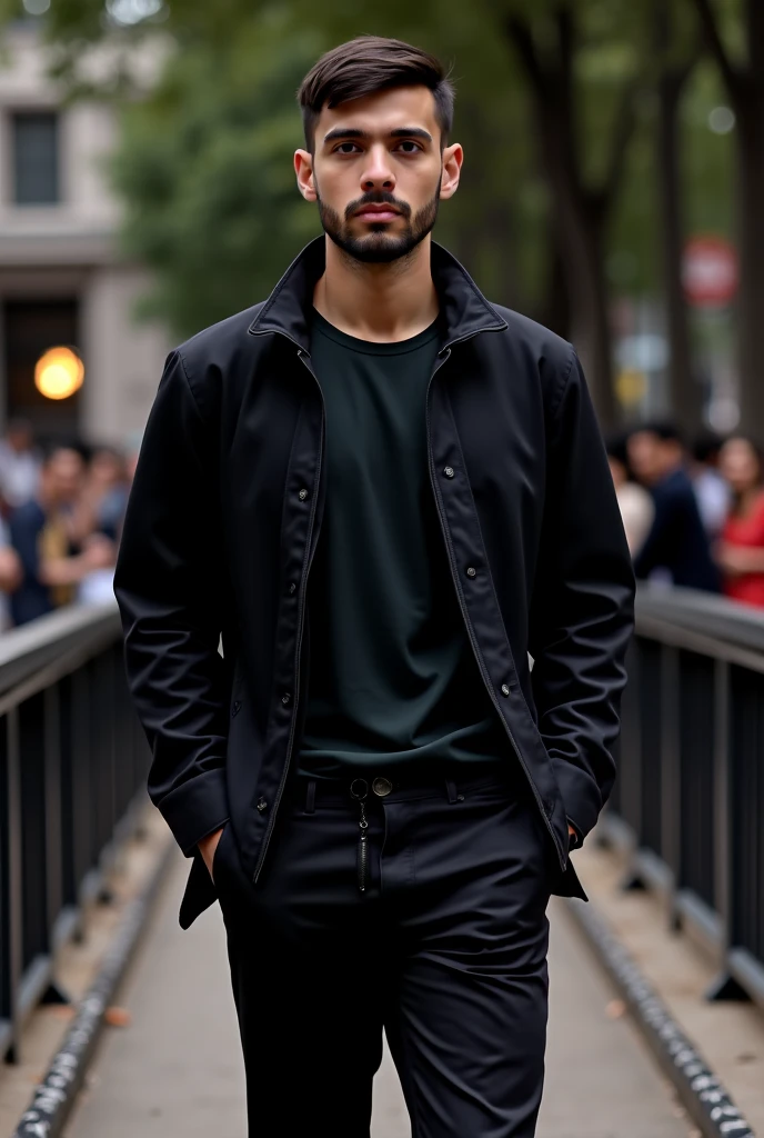 masterpiece, use the same face ControlNet photo: 1.8, use the same face of the photo reference, man, identical photo: 2.0, face identical to controlNet photo: 2.0, walking down a beautiful street urban landscape, late afternoon, well dressed, black jacket, perfect teeth, (high detail: 1.37), rough face, natural skin, high quality, , perfect brown eyes,  (detailed face and eyes), (face: 1.37), noise, extra, real photo, PSD, lamp film photography, sharp focus, contrast lighting, detailed skin, high resolution 8k, crazy detail, realistic, professional photography, 8k UHD, SLR camera, soft lighting, high quality, film grain, Fujifilm XT3, cinematic rendering.