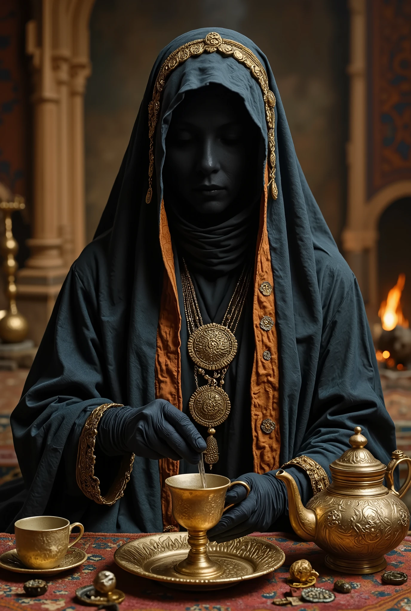 Fulllength view of captures a mysterious, unearthly figure in a hooded robe, a Bedouin woman dressed in traditional Middle Eastern clothing the Gloved hands are completely covered by the fabric, her face completely hidden in deep shadow, wearing a dark blue and orange hijab draped over an invisible, expressionless woman, hollow and empty on the inside, and adorned with a golden headdress adorned with coins and delicate chains.The hijab hangs gently and the figure with Gloved hands pours tea from a golden Arabic teapot into a cup. The background features a Bedouin oasis with authentic carpets, fire, and desert utensils. The photograph is realistic and features soft lighting. —no people —ar 9:16 —raw —stylize 30