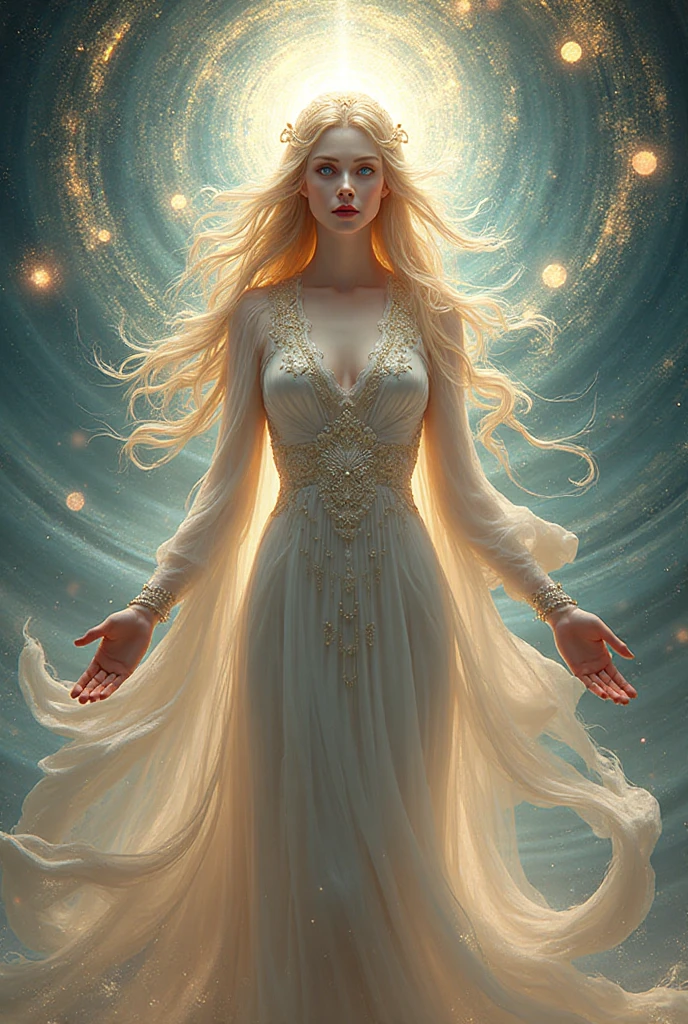 an astrological woman with platinum hair and the appearance of a goddess , In a place of millionaires