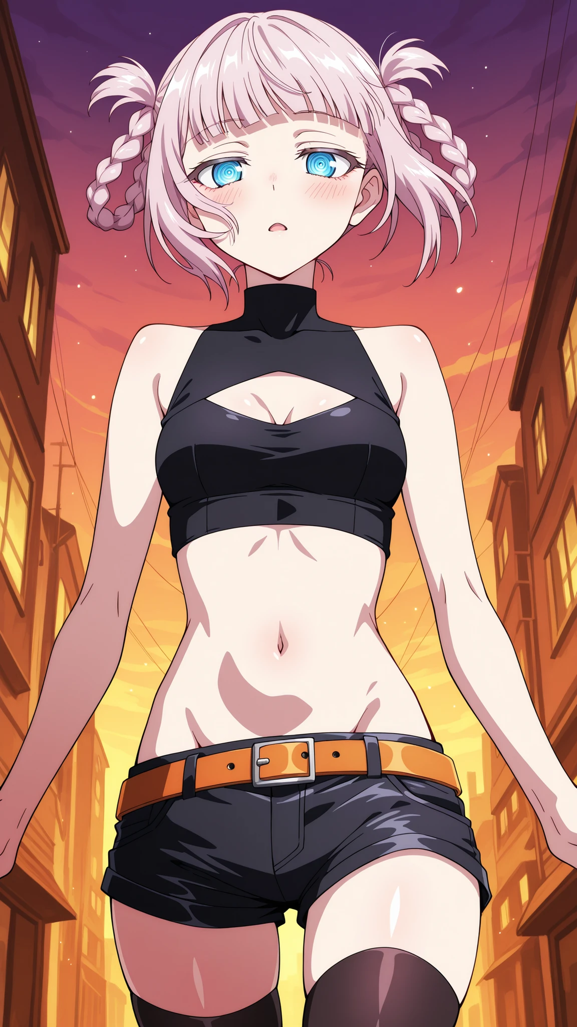 BREAK (masterpiece:1.2), best quality, high resolution, unity 8k wallpaper, (illustration:0.8), (beautiful detailed eyes:1.6),Anime-style view from the street, skyscrapers glowing in orange and purple sunset light. The sky burns with warm colors between tall buildings, windows reflecting the glow. Romantic and calm atmosphere, cinematic wide-angle, highly detailed illustration,no people,blush, expression, nazuna nanakusa, short hair, bangs, blue eyes, pink hair, braid, blunt bangs, hair rings, ringed eyes,,thighhighs, navel, shoulders, shorts, sleeveless, midriff, belt, black thighhighs, crop top, groin, short shorts, clothing cutout, turtleneck, black shorts, cleavage cutout, tank top, sleeveless turtleneck,portrait shot,portrait,face close-up,looking at viewer,floating hair,excited,from behind