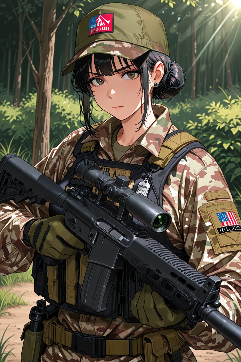 1 girl，（（There is a five-pointed star in the eye））Gorgeous Hair in Long Purple，Green camouflage uniform，army suit，Take an AK47 rifle，sandbeach，Tummy down，AK47 gun，Behind the tree，Smile ，Open mouth