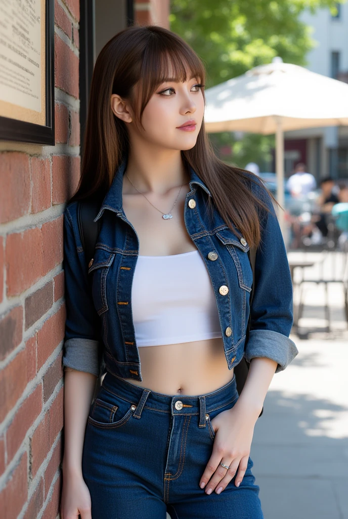 Cute tan Chinese girl wearing glasses, detailed skin tight jeans