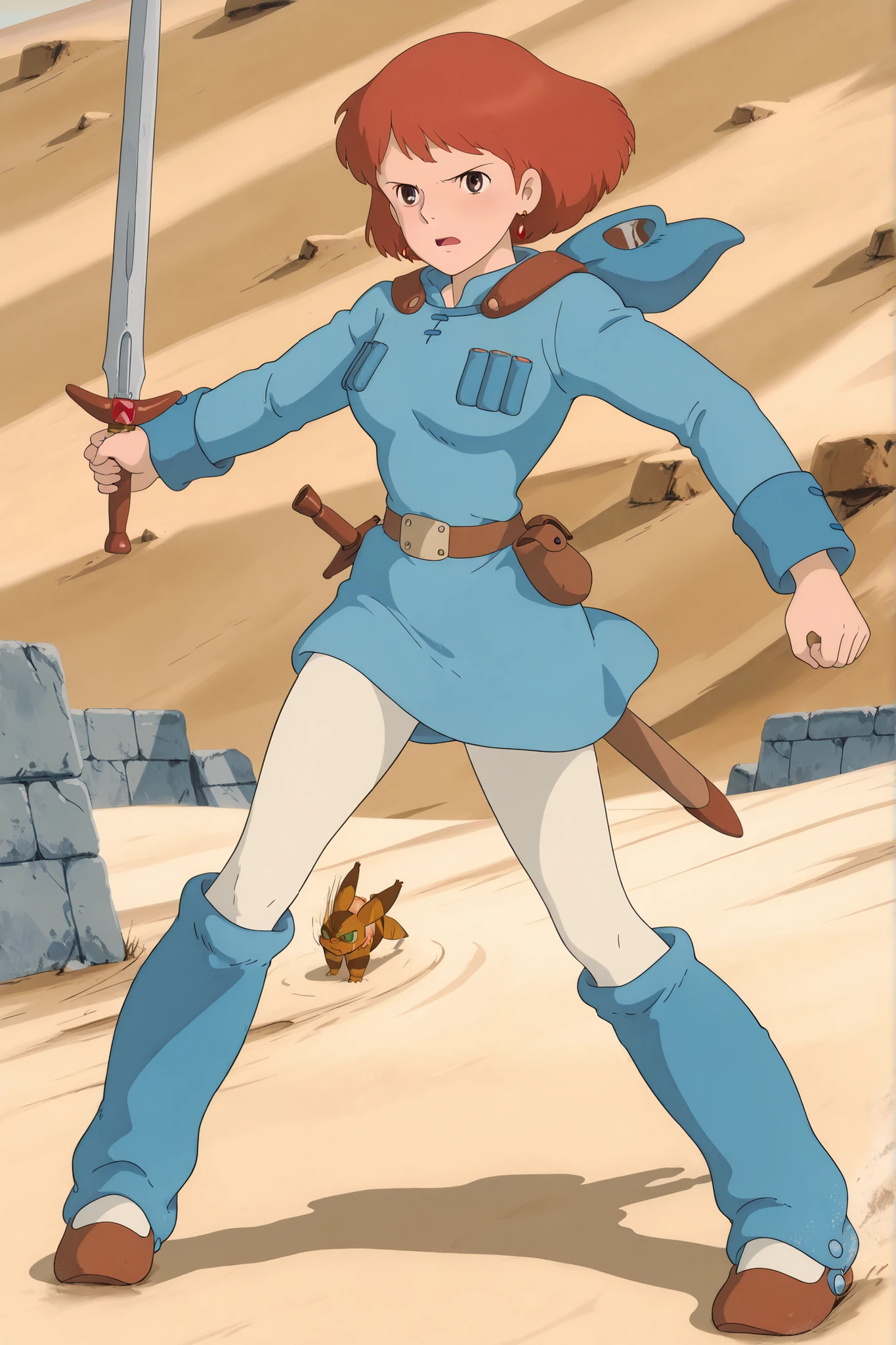 (Masterpiece, top quality, 8k, High quality anime, detailed and accurate anime poster, Studio Ghibli style, High sense), Nausicaa, 1girl, very beautiful, ((solo shoot)), Single Shoot, very cute, (adorable face, very kind ness), wandering wide desert, wind blow, medium sword, Exotic atmosphere, angry face, orange hair, short hair, ((elegant short bob cut)), dark brown eyes, beautiful clear eyes, Red Gemstone Earrings, beautiful breasts, beautiful legs, perfect body balance, perfect beauty, slender body, (fighting scene), beautiful desert Scenery, Beautiful dessert scenery, stone wall, front view, hood, white leggings, short blue dress, chest bullet holder, long_sleeves, belt, silver buckle, blue leg warmer, felt shoes, pouch, scabbard, white tights, VWNausicaa, 1girl, orange hair, short hair, brown eyes, medium breasts, mouth open, glare at enemy, running down sand hill, very cool scene, swinging a sword, 1girl,