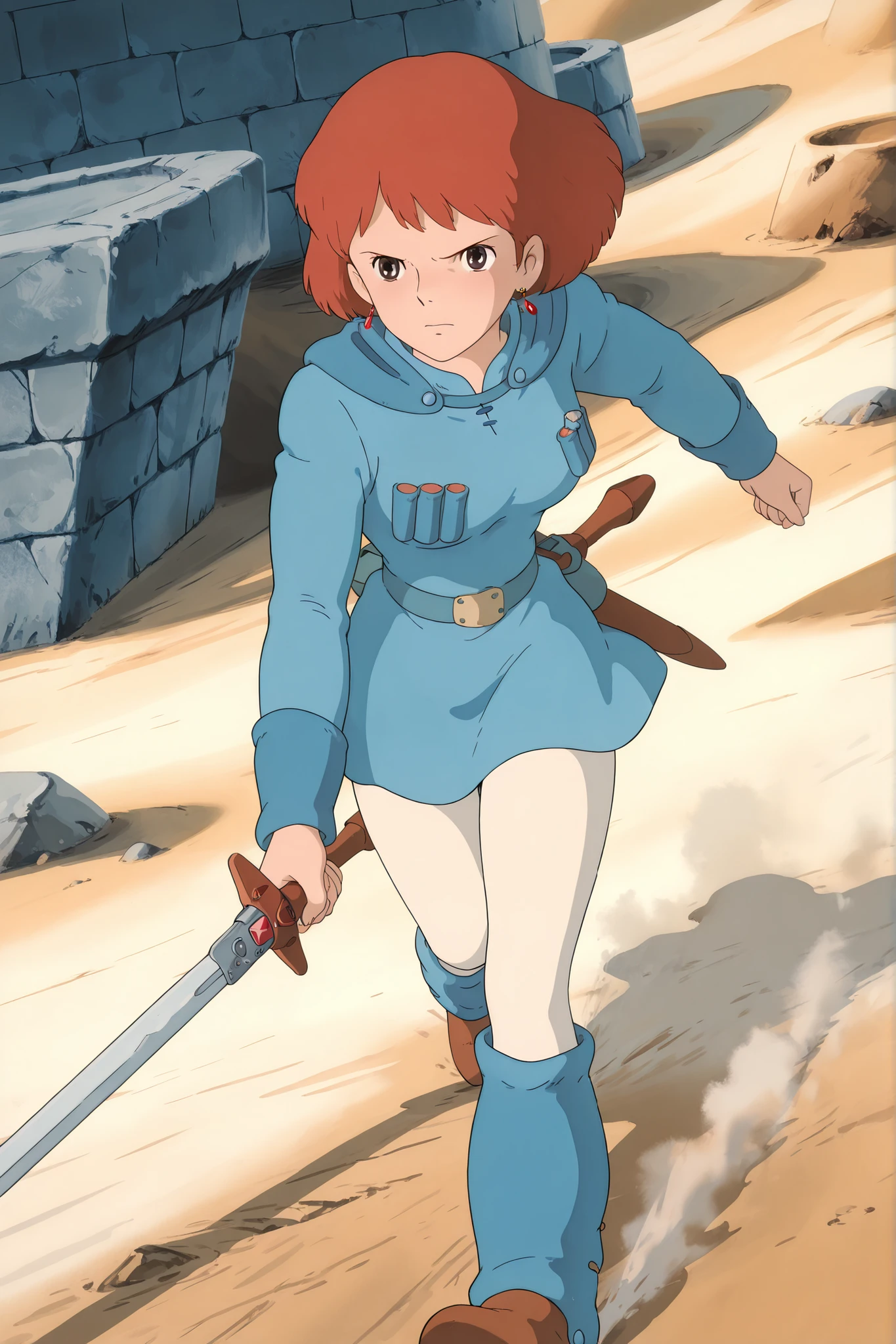 (Masterpiece, top quality, 8k, High quality anime, detailed and accurate anime poster, Studio Ghibli style, High sense), Nausicaa, 1girl, very beautiful, ((solo shoot)), Single Shoot, very cute, (adorable face, very kind ness), wandering wide desert, wind blow, medium sword, Exotic atmosphere, angry face, orange hair, short hair, ((elegant short bob cut)), dark brown eyes, beautiful clear eyes, Red Gemstone Earrings, beautiful breasts, beautiful legs, perfect body balance, perfect beauty, slender body, (fighting scene), beautiful desert Scenery, Beautiful dessert scenery, stone wall, front view, hood, white leggings, short blue dress, chest bullet holder, long_sleeves, belt, silver buckle, blue leg warmer, felt shoes, pouch, scabbard, white tights, VWNausicaa, 1girl, orange hair, short hair, brown eyes, medium breasts, mouth open, glare at enemy, running down sand hill, very cool scene, swinging a sword, 1girl,