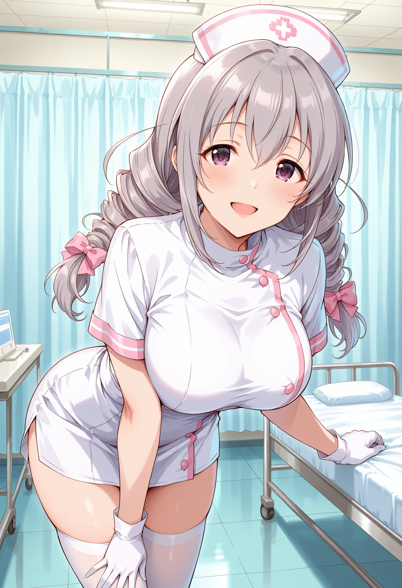 Score_9, score_8_up, score_7_up, source_anime, Sakakibara_Satomi_Cinderella, solo, grey hair, large breasts, low twintails, purple eyes, twin drills, bow, hair bow, ribbon, hair between eyes, large breasts, (best quality), (high quality), {masterpiece}, extremely delicate and beautiful, ultra-detailed, beautiful detailed eyes, nurse, nurse hat, ((white nurse's outfit)), white gloves, white thighhighs, hospital room, smile, open mouth, standing