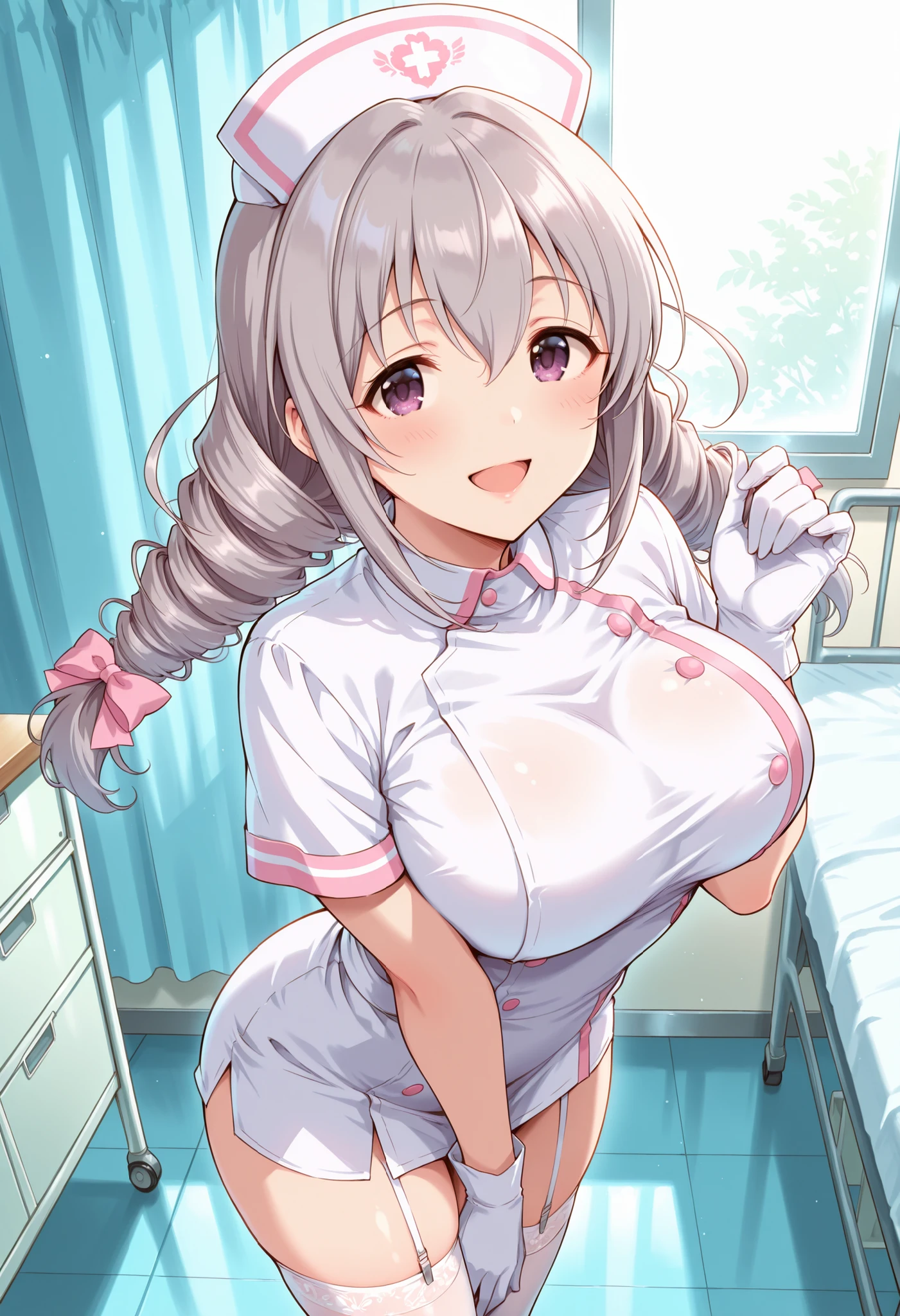 Score_9, score_8_up, score_7_up, source_anime, Sakakibara_Satomi_Cinderella, solo, grey hair, large breasts, low twintails, purple eyes, twin drills, bow, hair bow, ribbon, hair between eyes, large breasts, (best quality), (high quality), {masterpiece}, extremely delicate and beautiful, ultra-detailed, beautiful detailed eyes, nurse, nurse hat, ((white nurse's outfit)), white gloves, white thighhighs, hospital room, smile, open mouth, standing